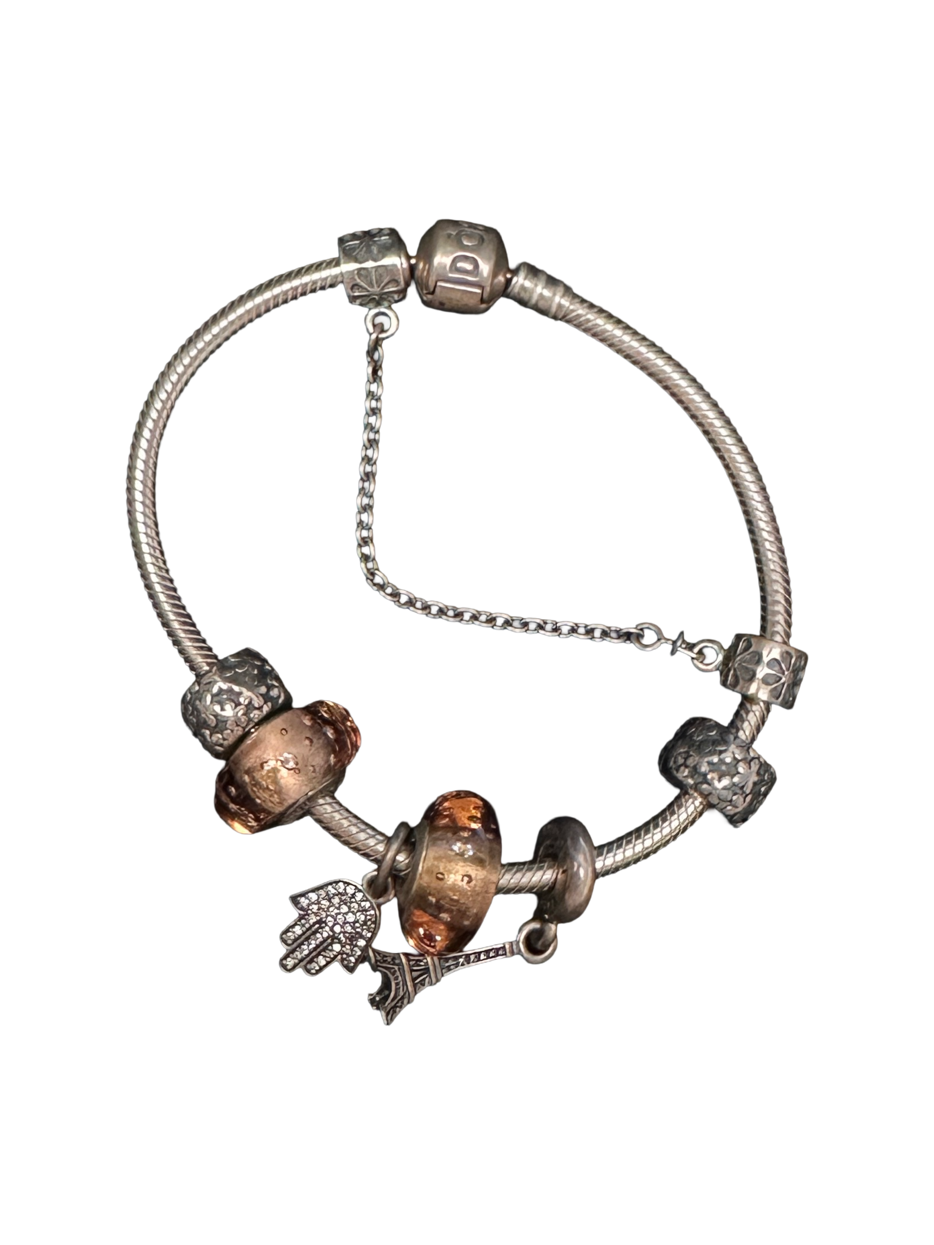 Pandora silver bracelet with 5 charms
