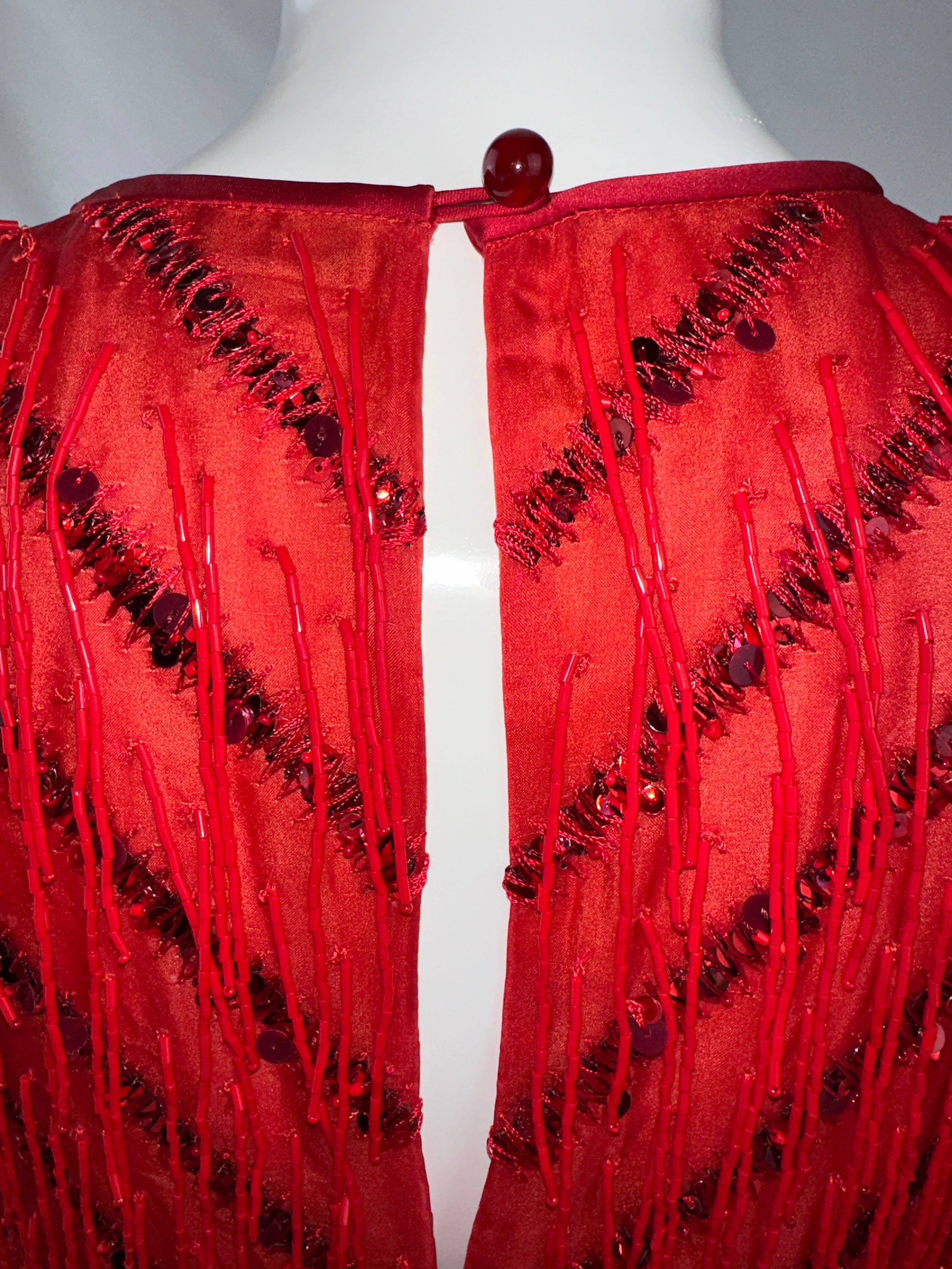Emporio Armani red sleeveless V-neck dress with pearls and sequins - size 34