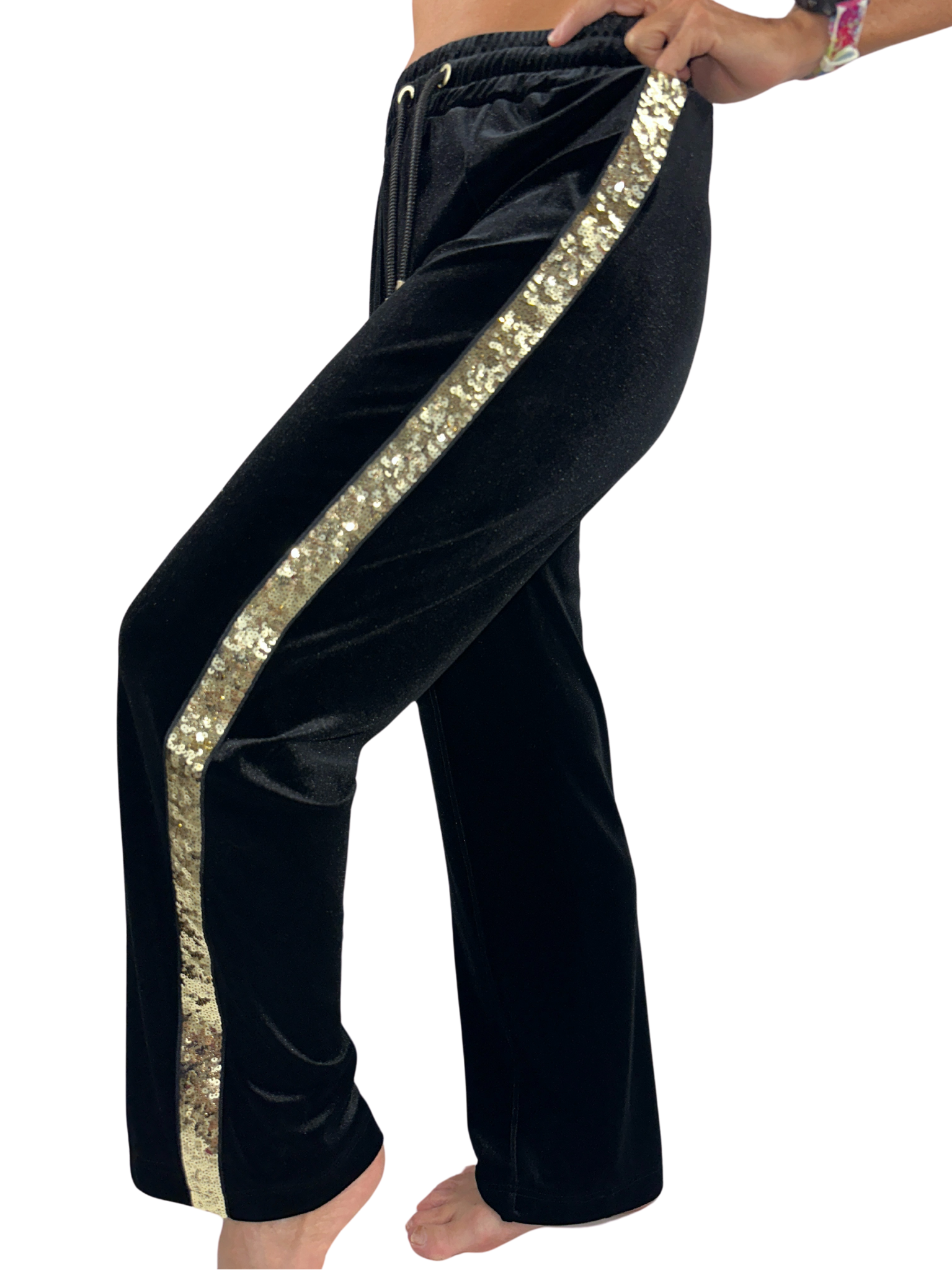 Emporio Armani black velvet pants with gold sequin stripe - size 38