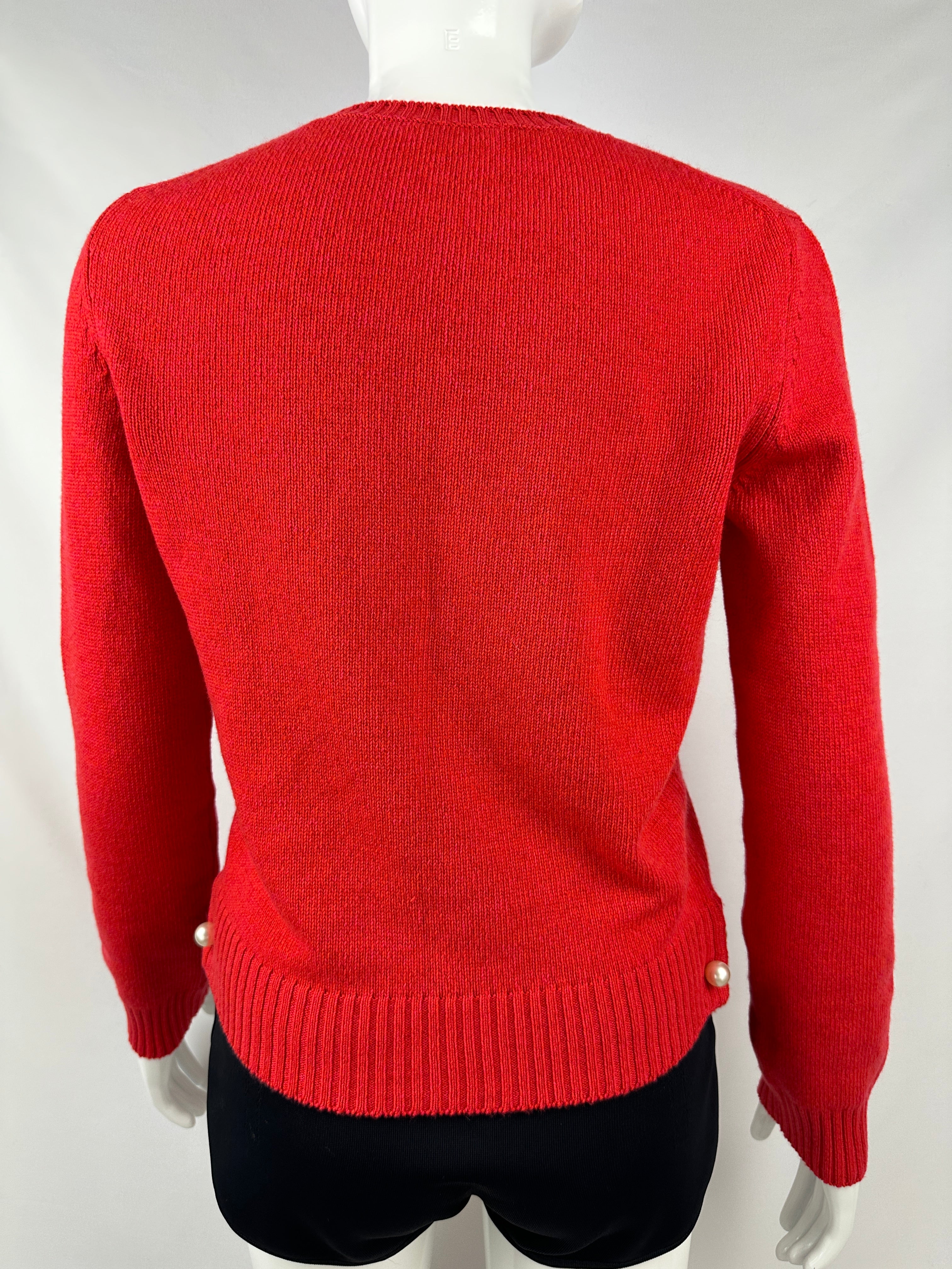 Chanel thick red V-neck sweater with pearly baubles at bottom - size 36