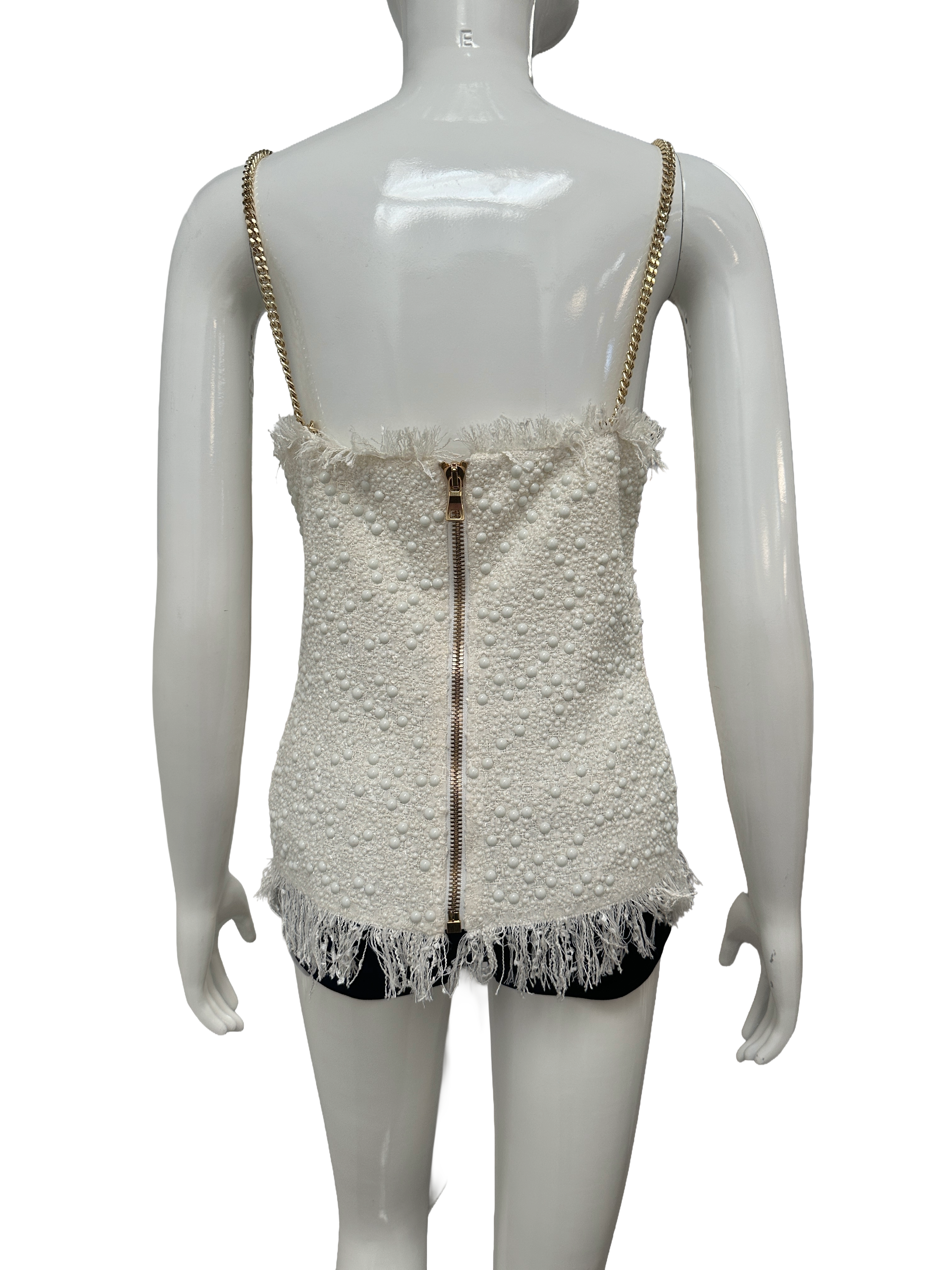 Balmain white tweed pearl-embellishes top - size 36