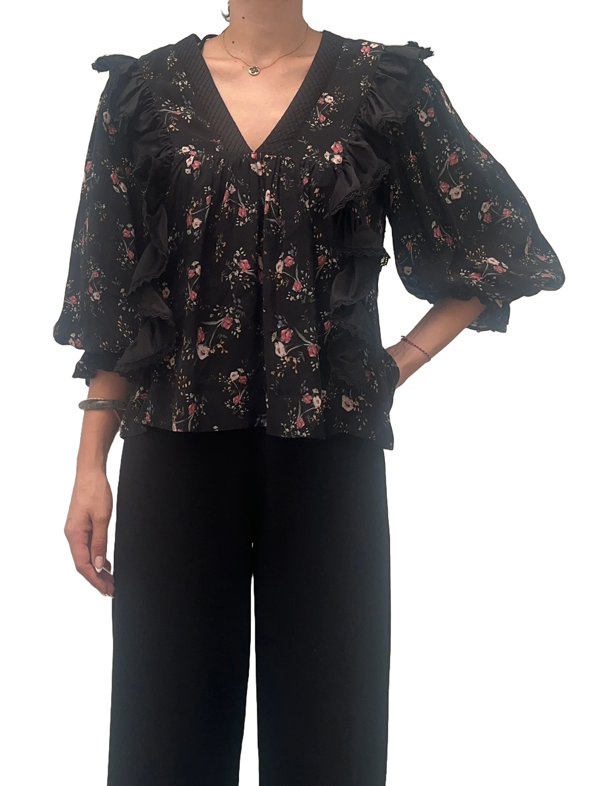Lug Von Siga black ruffled top with floral motif - size 40