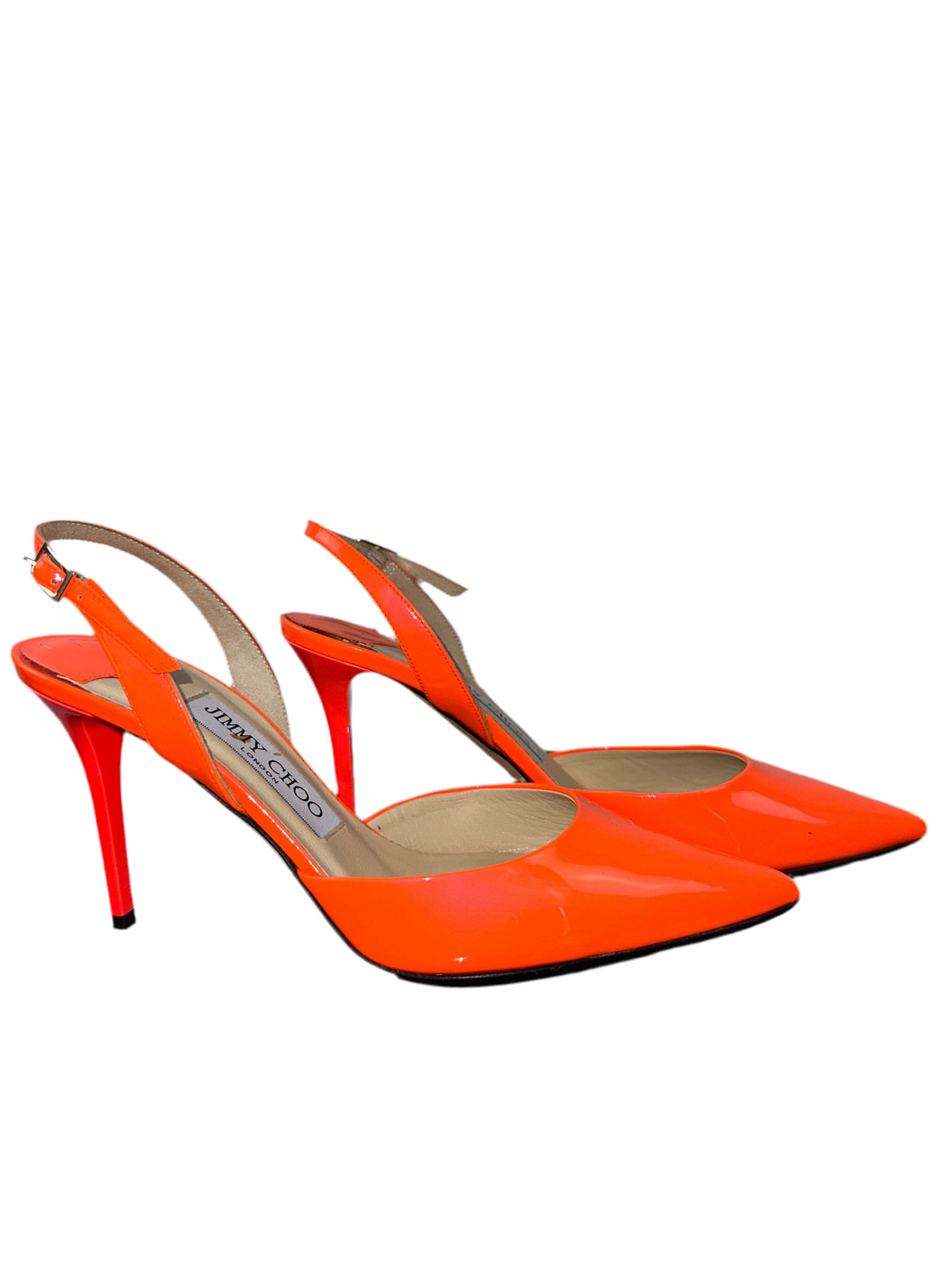 Jimmy Choo orange neon patent Tilly pointed toe slingback sandals - size 36