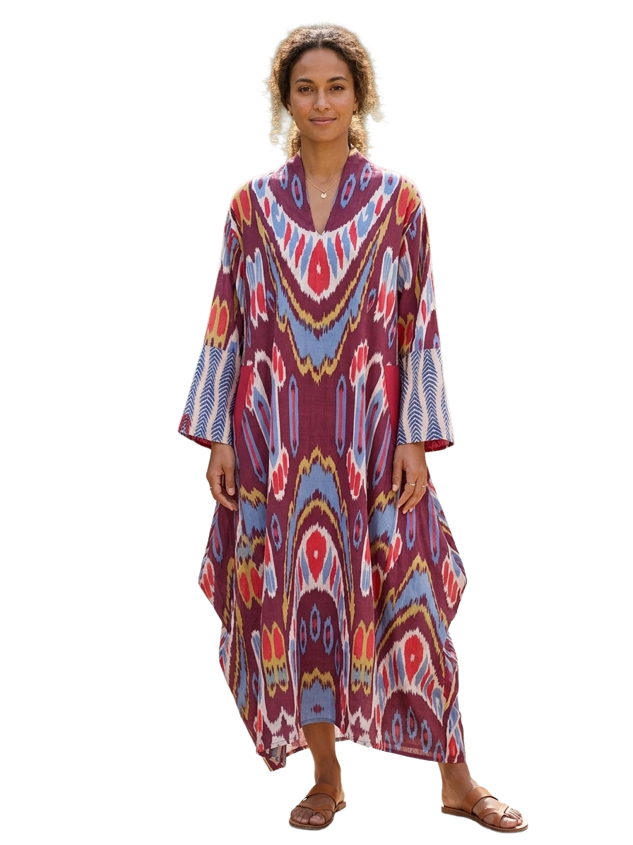 Orange blossom Ikat print oversized kaftan dress - size TU