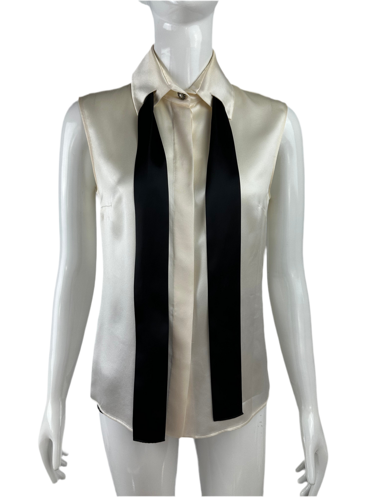 Chanel sleeveless silk blouse white with black tie - size 36 FR