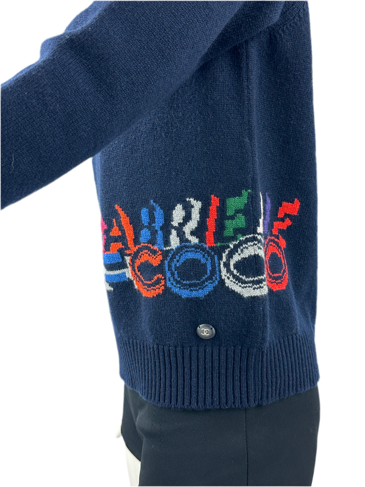 Chanel blue V-neck sweater with "Gabrielle coco" multicolor inscription - size 38