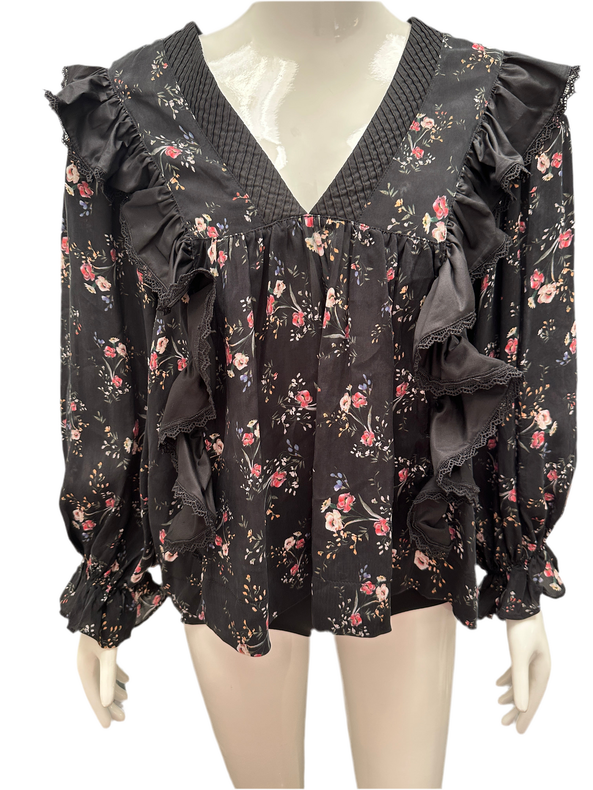 Lug Von Siga black ruffled top with floral motif - size 40
