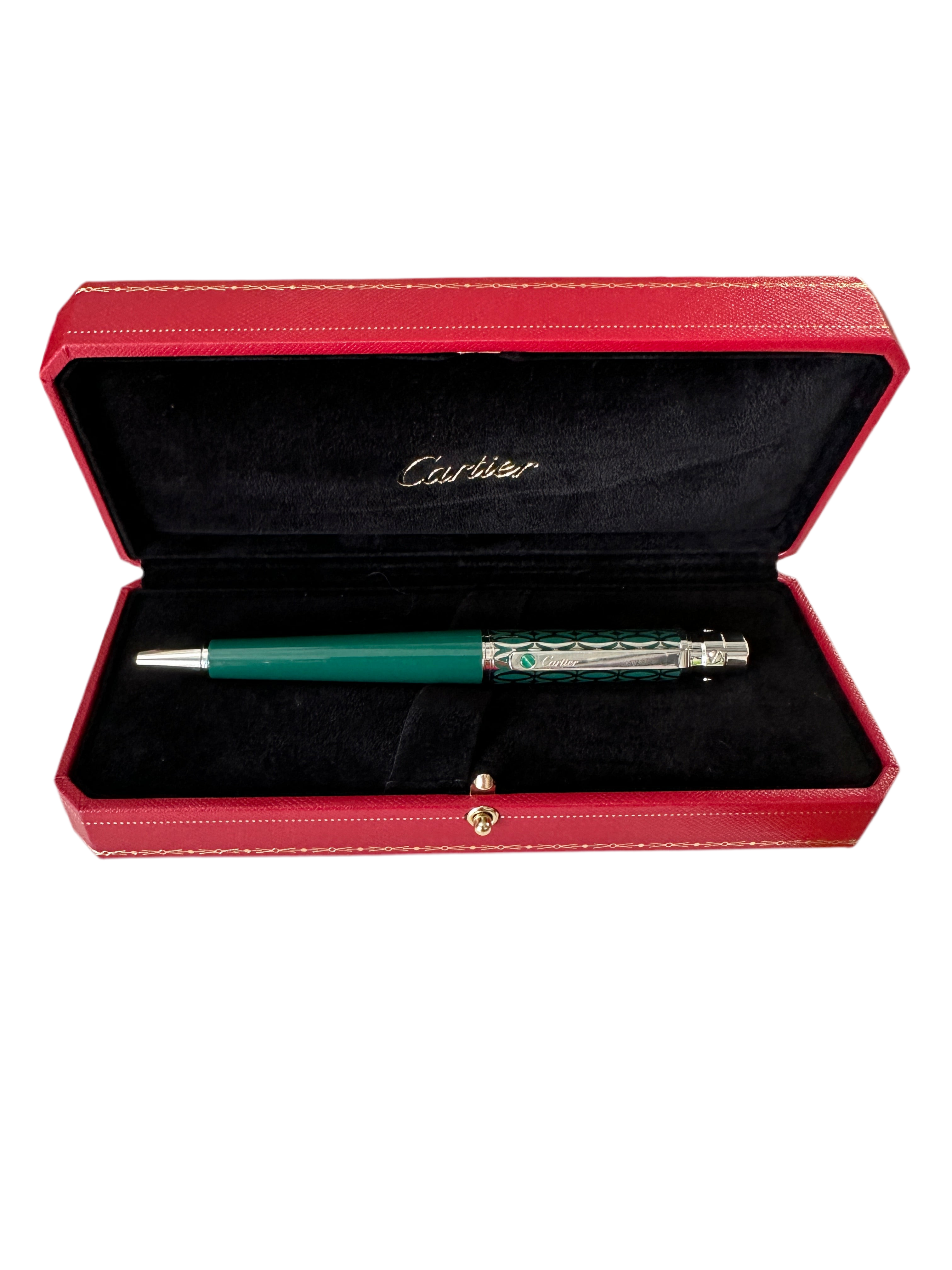 Cartier Santos pen ballpoint green lacquer, palladium finish