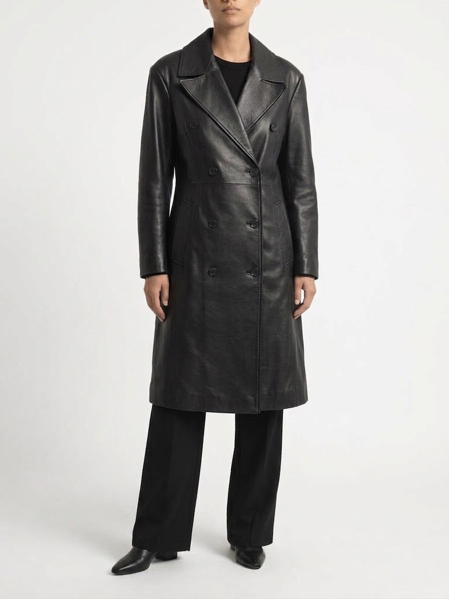 Black Double-Breasted Classic Leather Trench Coat - size M