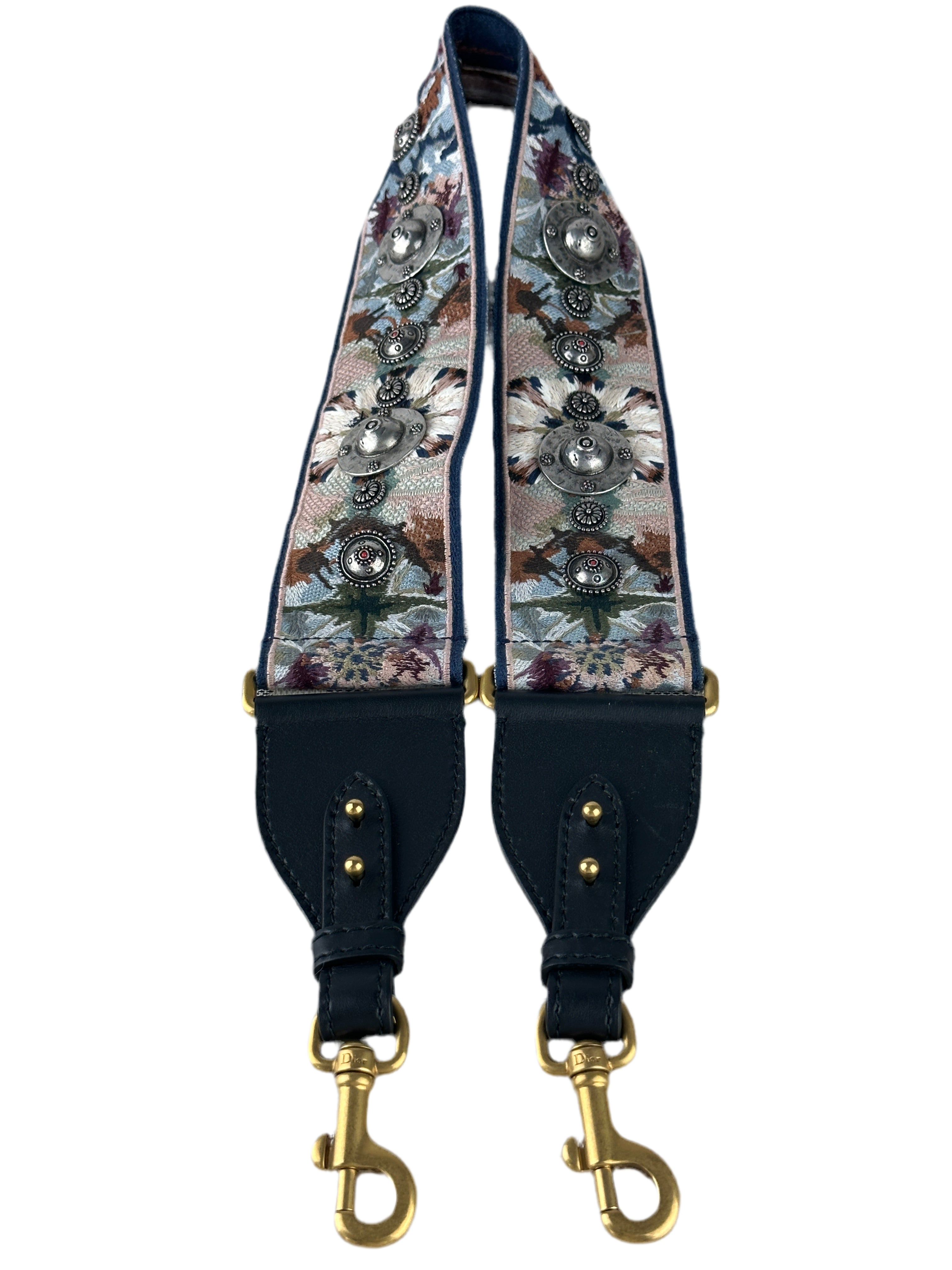 Dior shoulder strap embroidered leather/canvas/metal blue & pink
