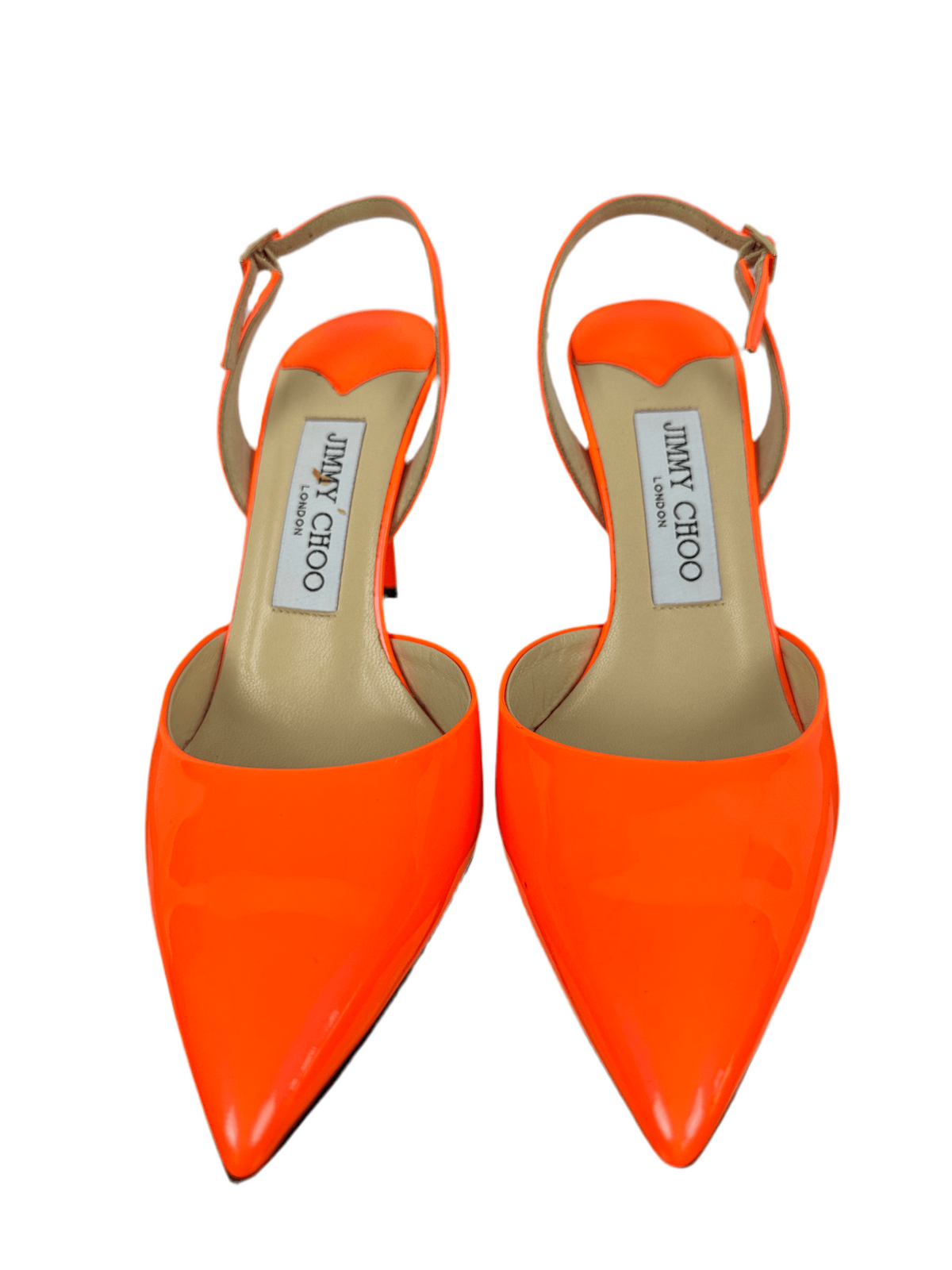 Jimmy Choo orange neon patent Tilly pointed toe slingback sandals - size 36