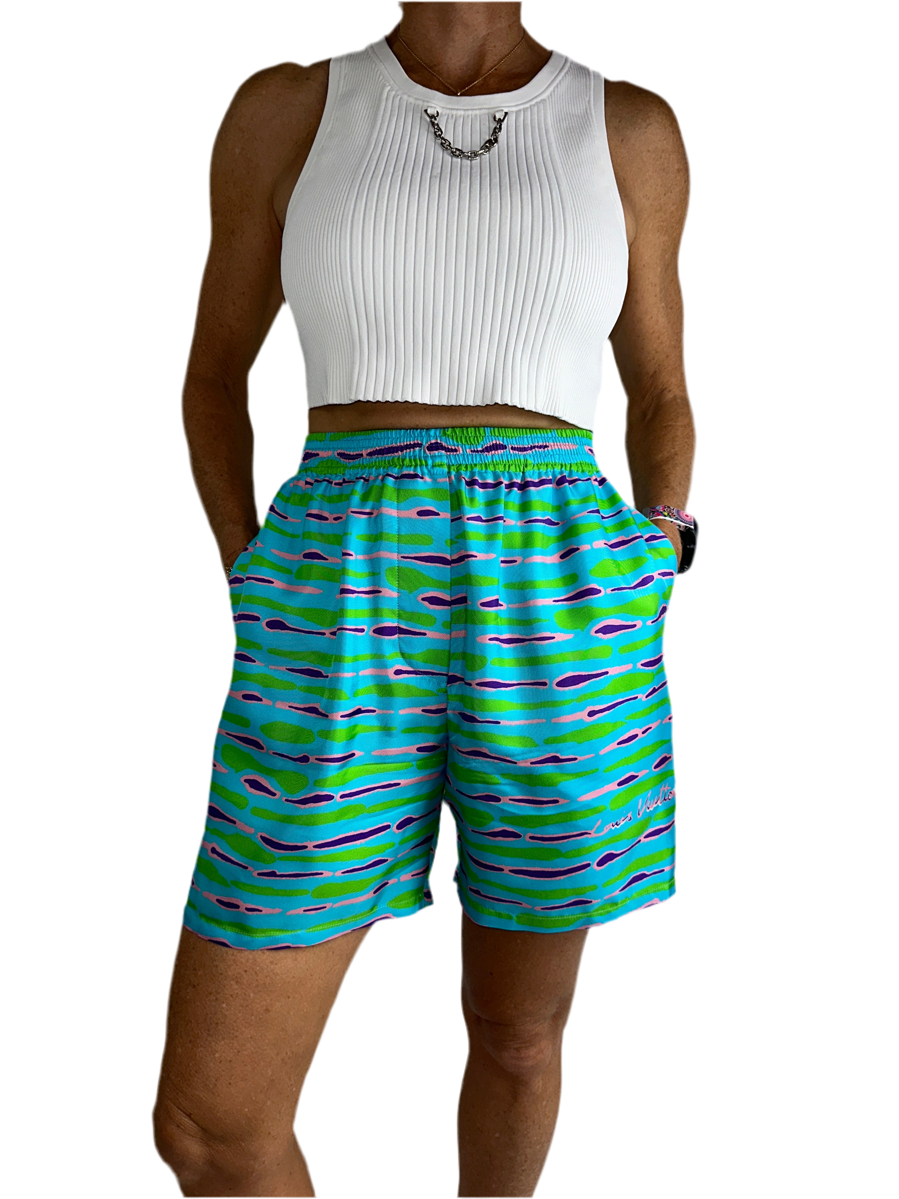 Louis Vuitton blue silk shorts with green, pink and purple shapes - size 34