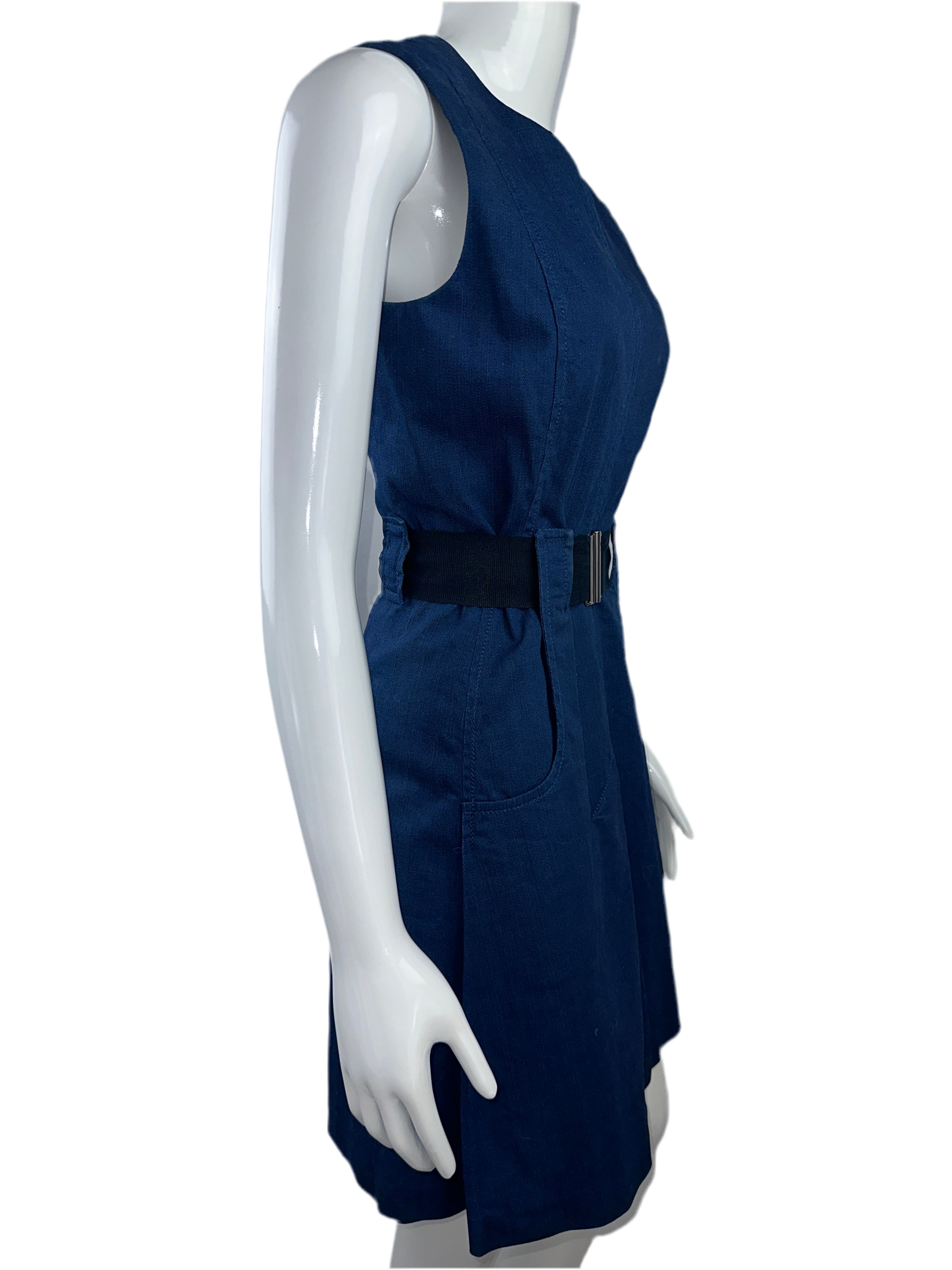 Victoria Beckham sleeveless denim dress with pockets and black belt - size 38
