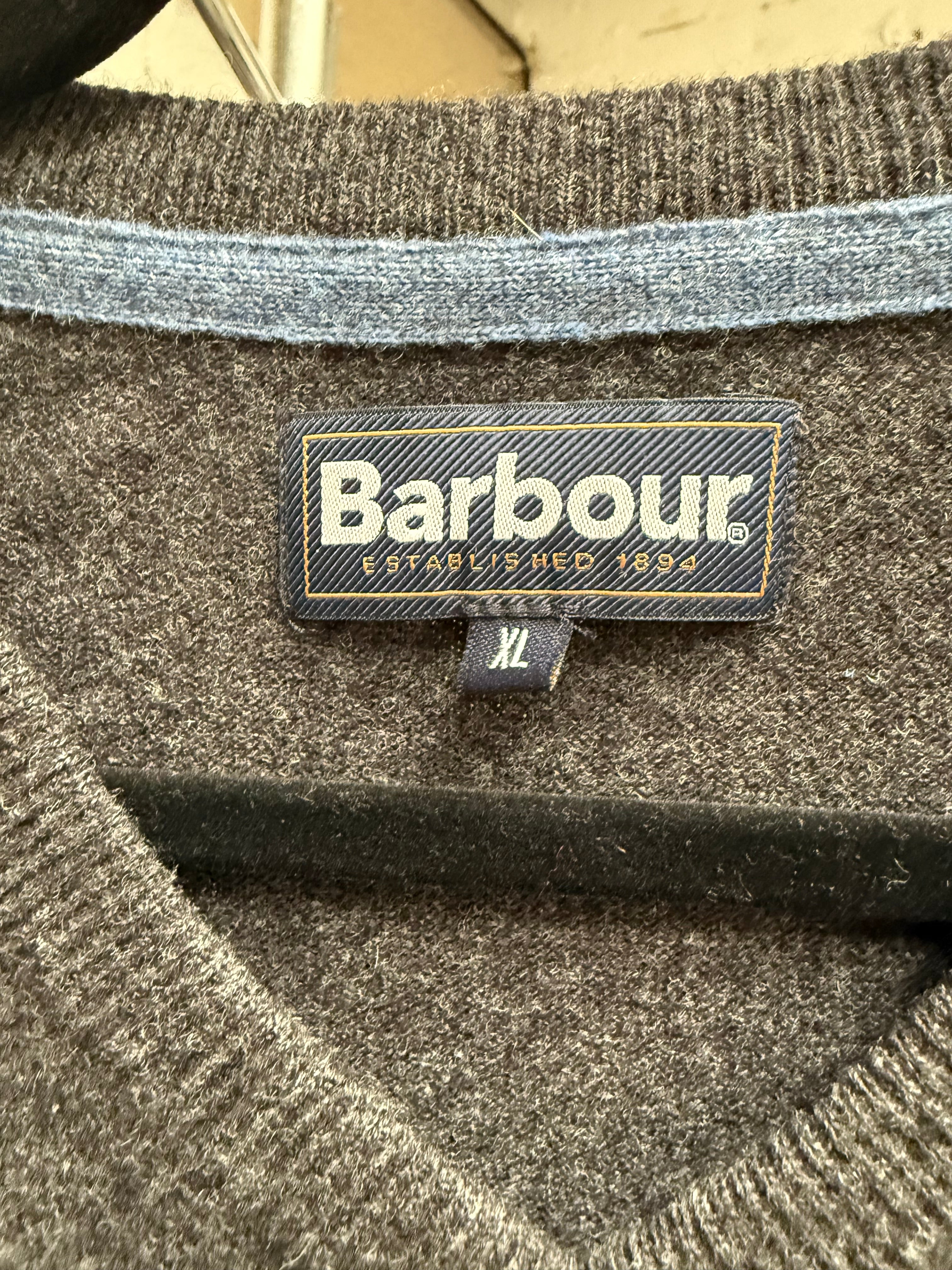 Barbour dark grey wool v-neck sweater - size XL
