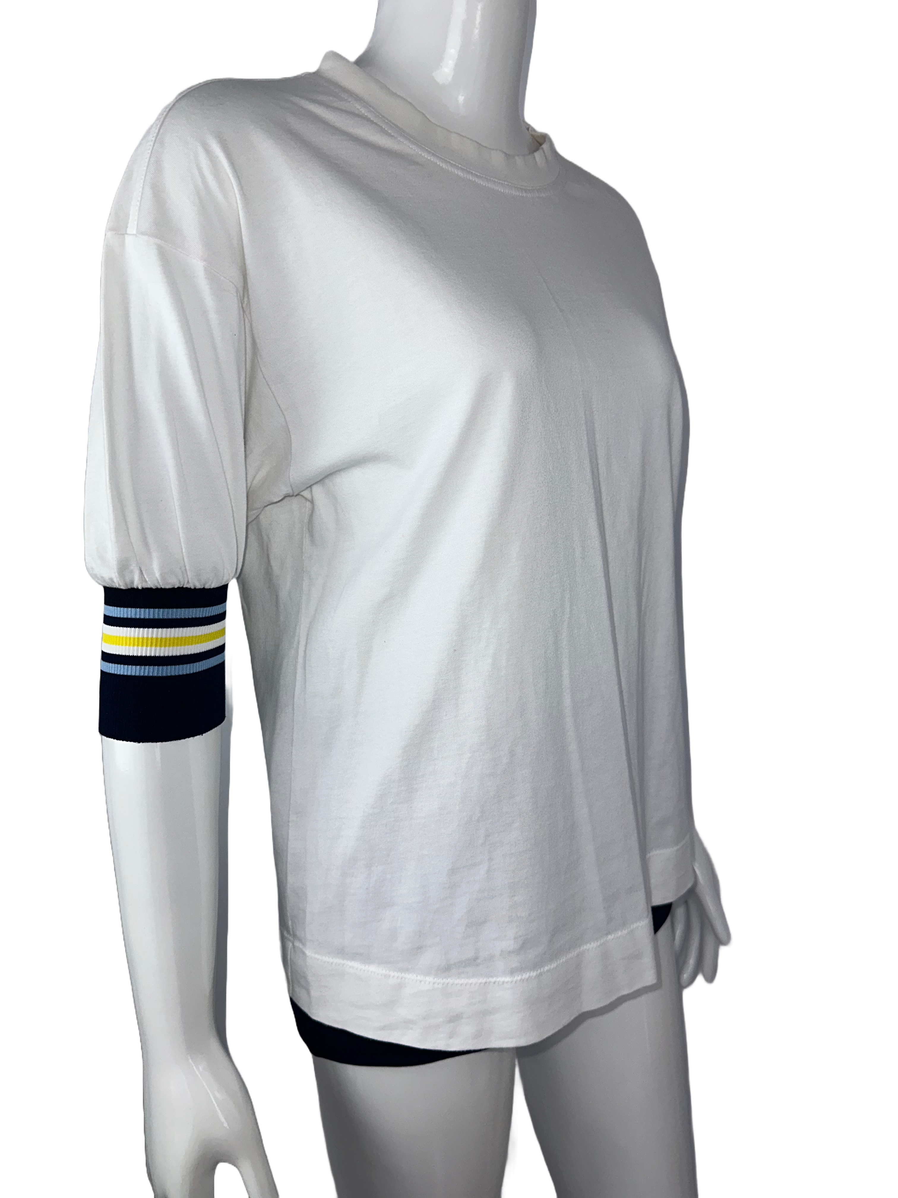 SportMax white T-shirt with blue and yellow stripes on sleeves - size 36