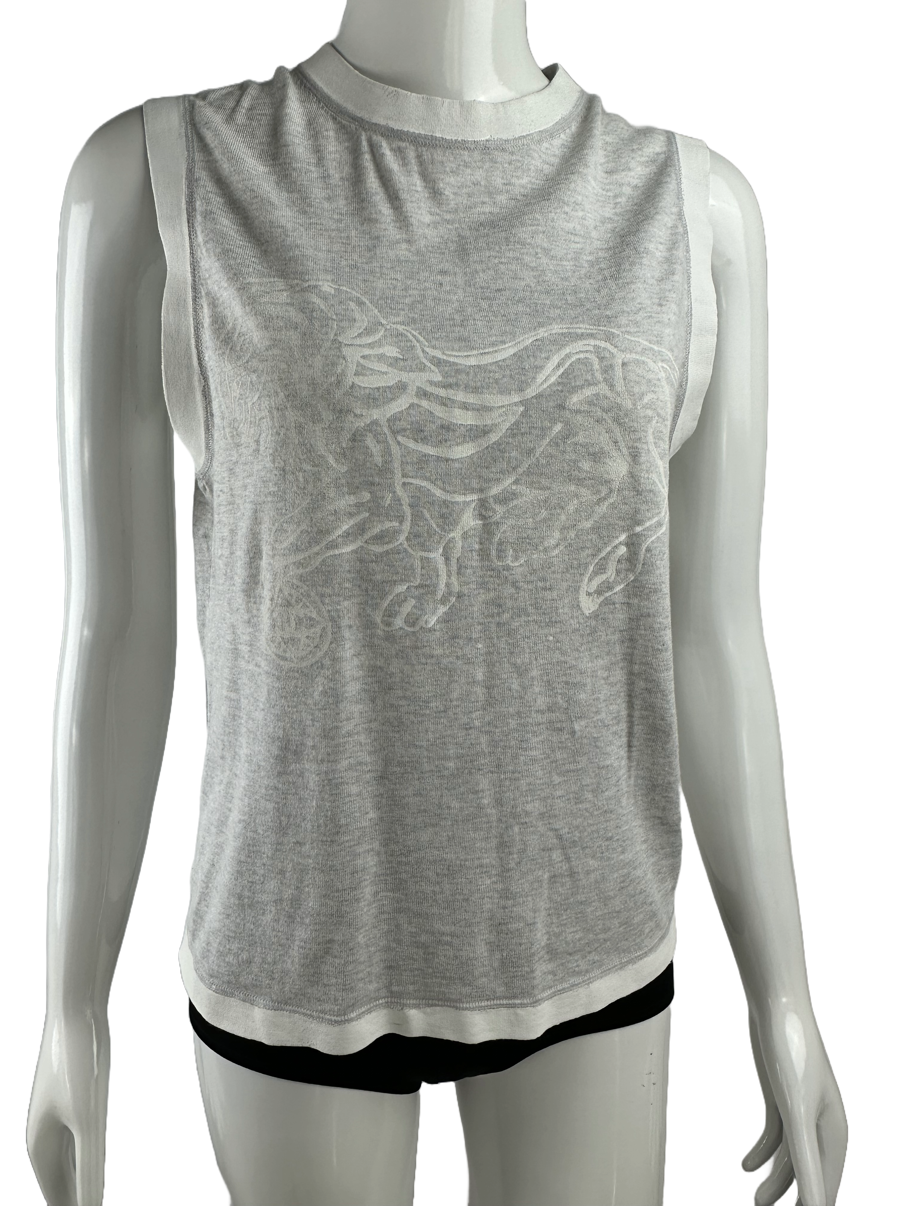 Chanel Grey top with white lion motif and white trim - size 34