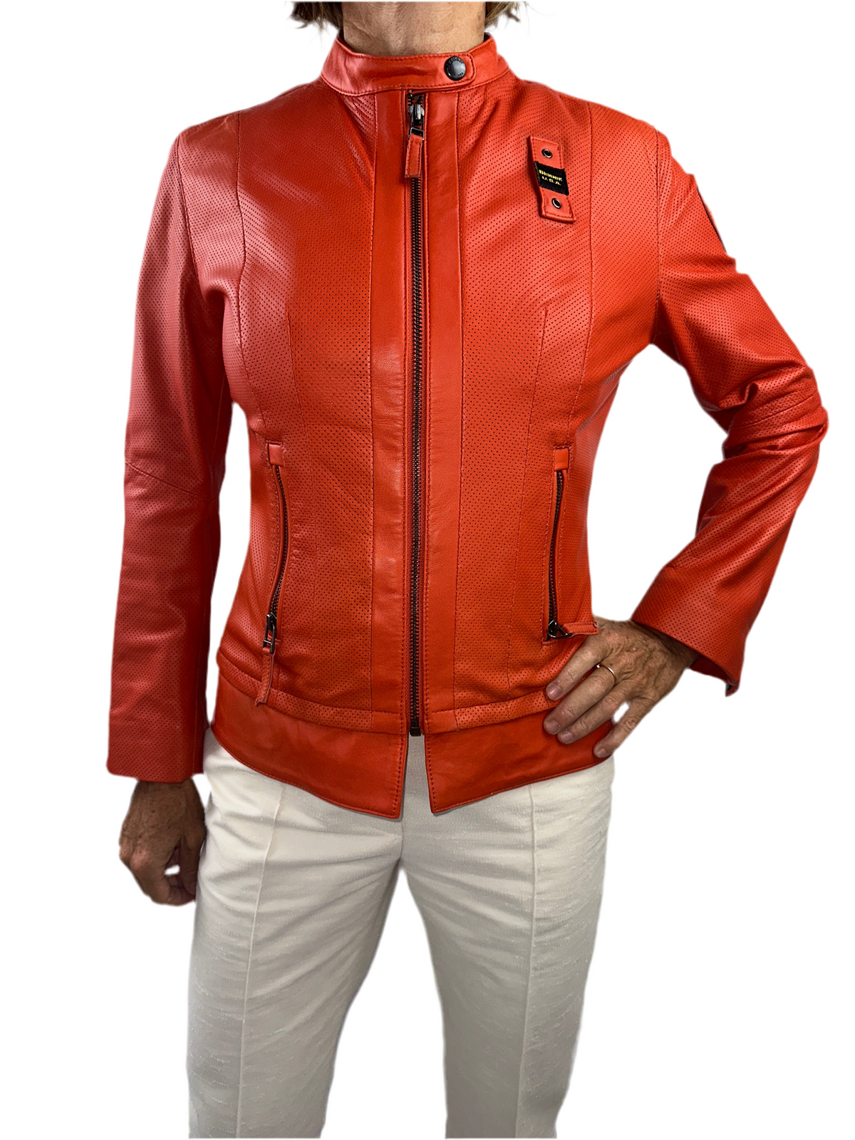 Blauer orange biker-effect leather jacket - size 36