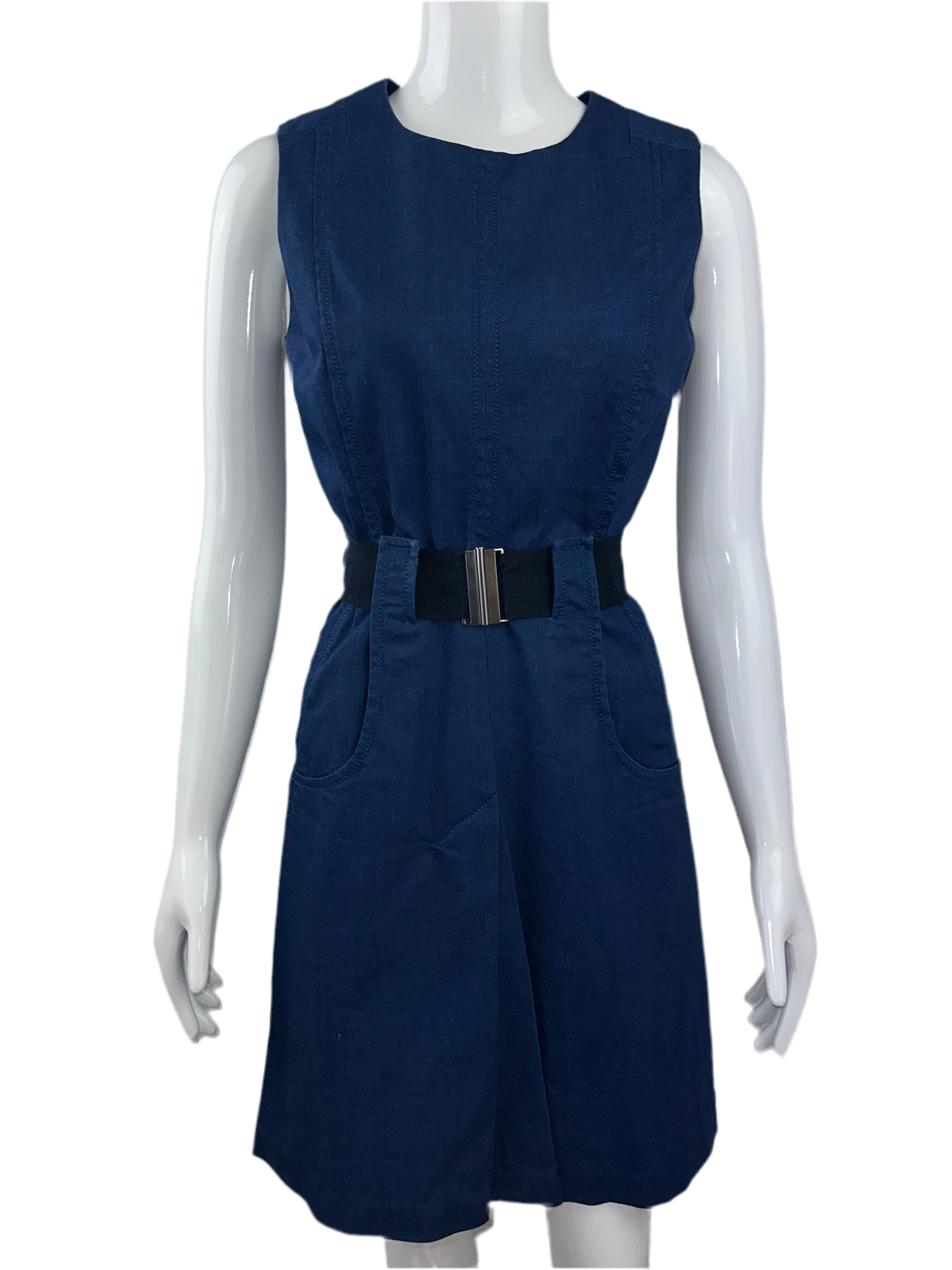 Victoria Beckham sleeveless denim dress with pockets and black belt - size 38