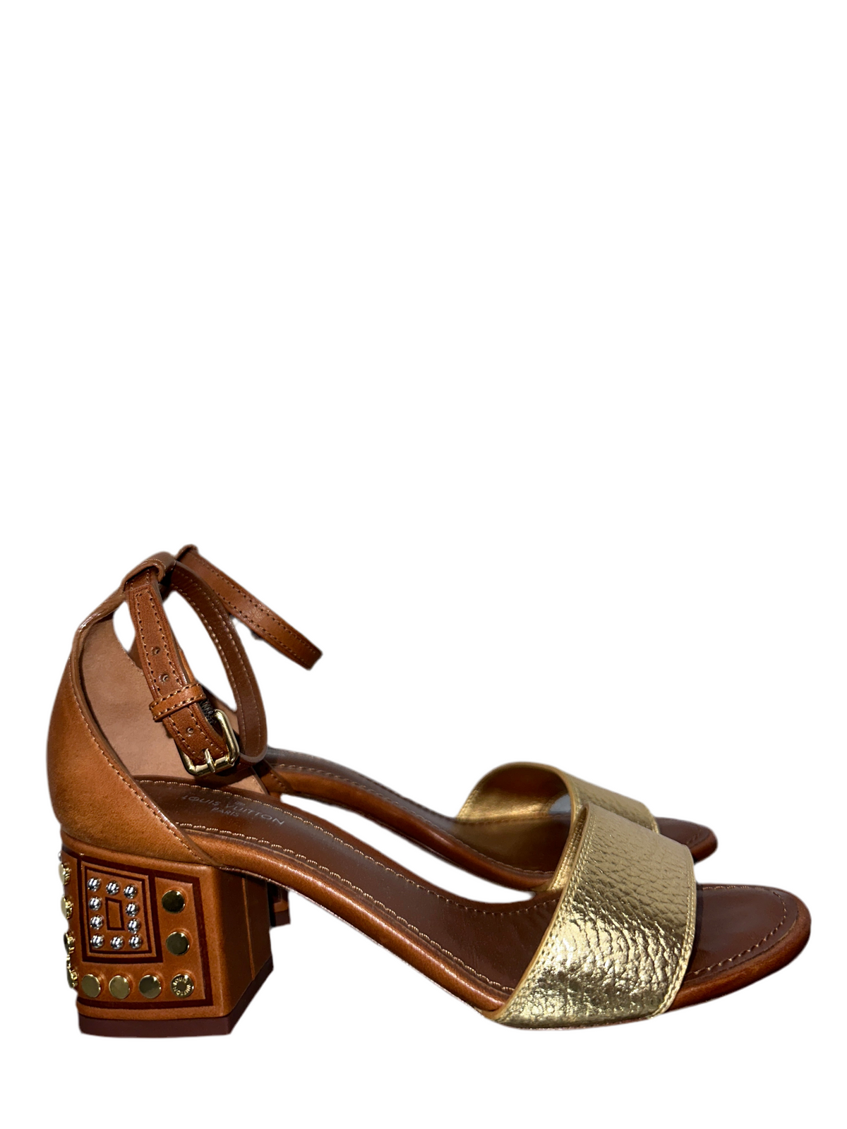 Louis Vuitton studded heel ankle strap sandals in brown and gold leather - size 36