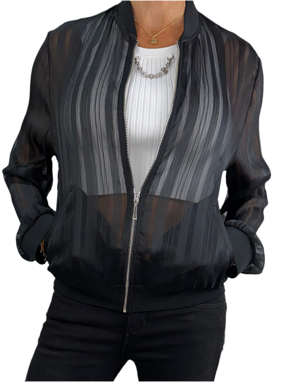 Zara transparent black bomber jacket with lines - size 34