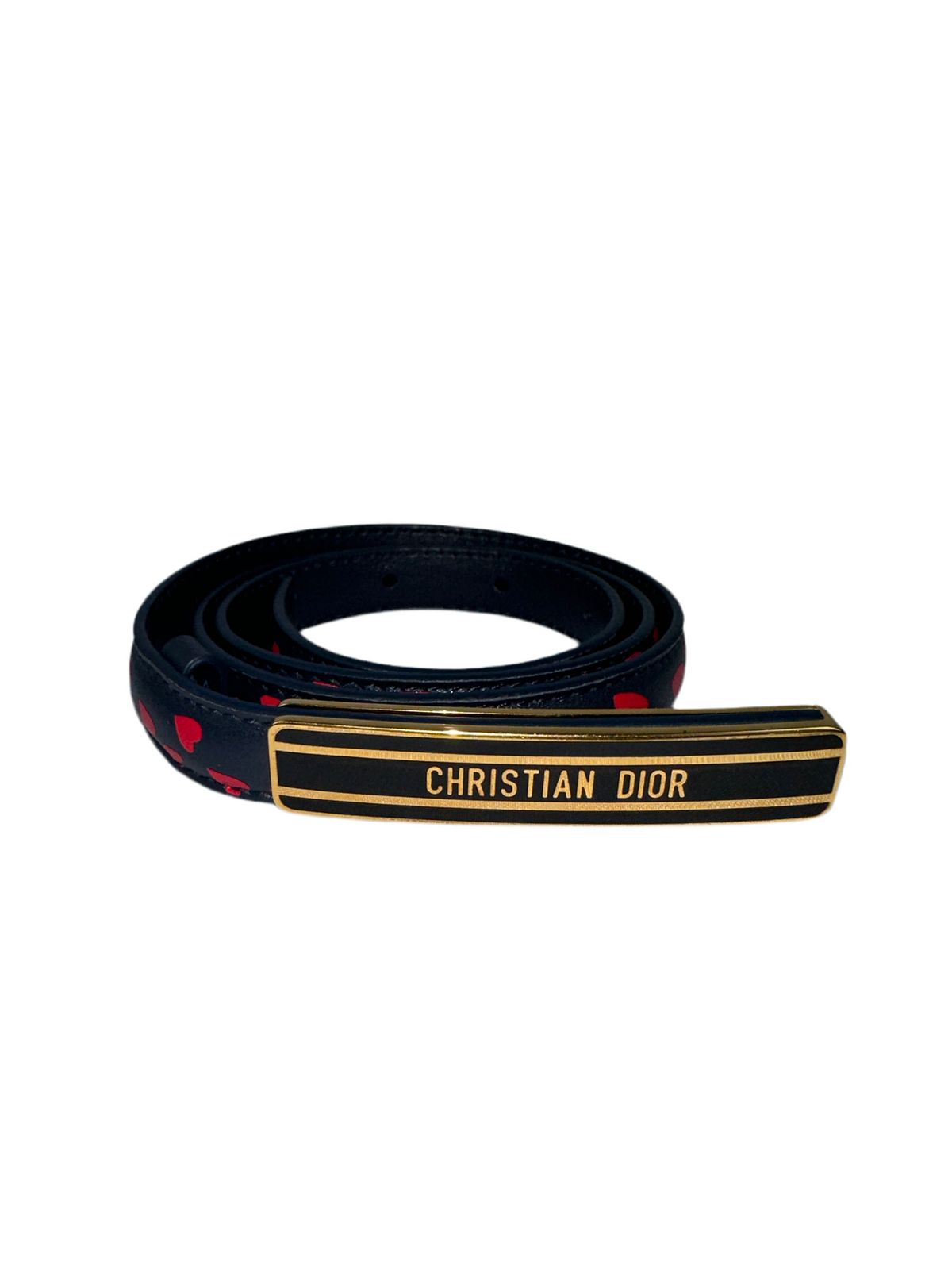 Dior ID Fine Full leather belt Navy blue belt with red hearts