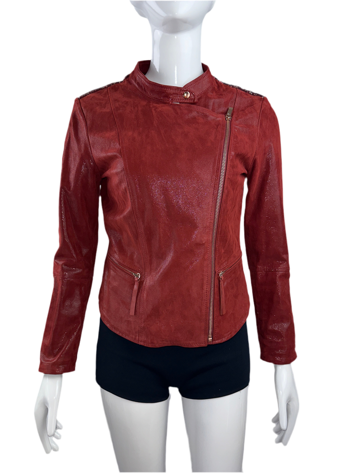 One step shiny red jacket with sequins on shoulders - size 36