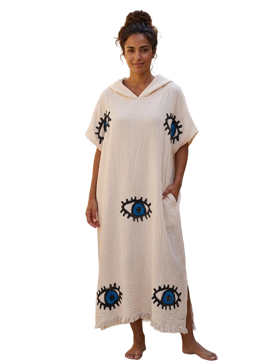 Pamuk me evil eye cotton hooded poncho - size TU