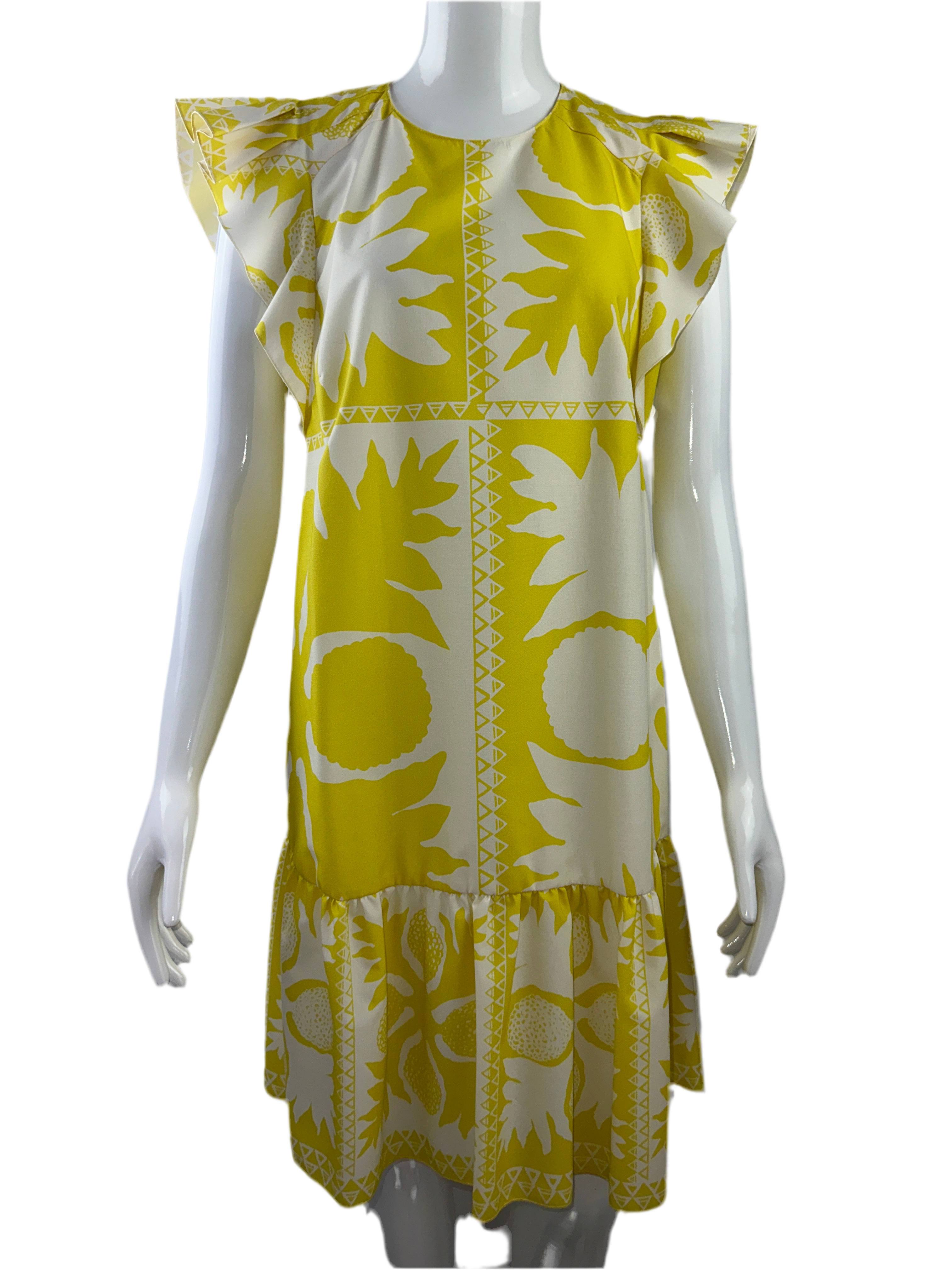 Red Valentino yellow and white dress with pattern and flounced sleeves - size 44