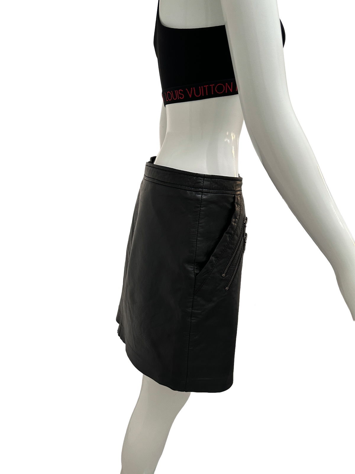 Berenice Black leather skirt with silver zip - size 36