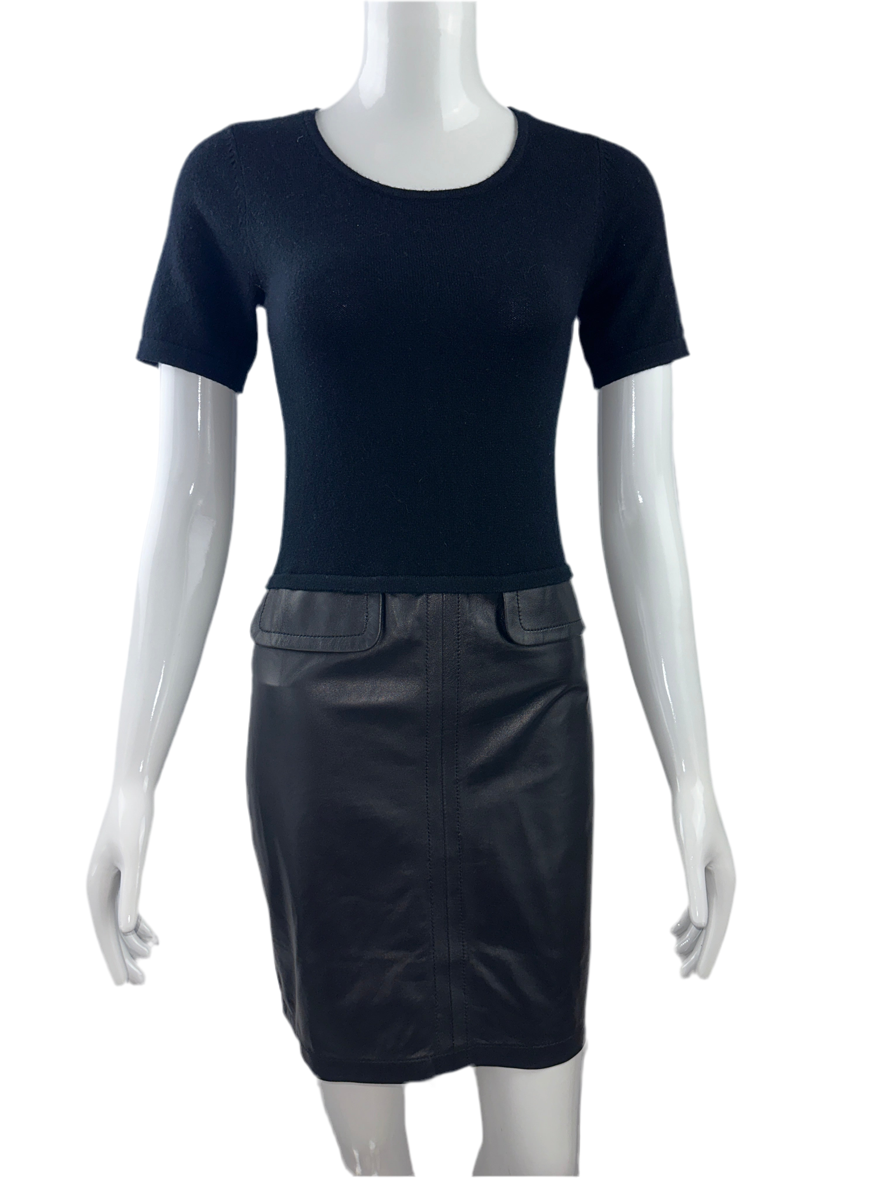 Max & Moi black dress with U-neck, cashmere top and leather bottom - size 34