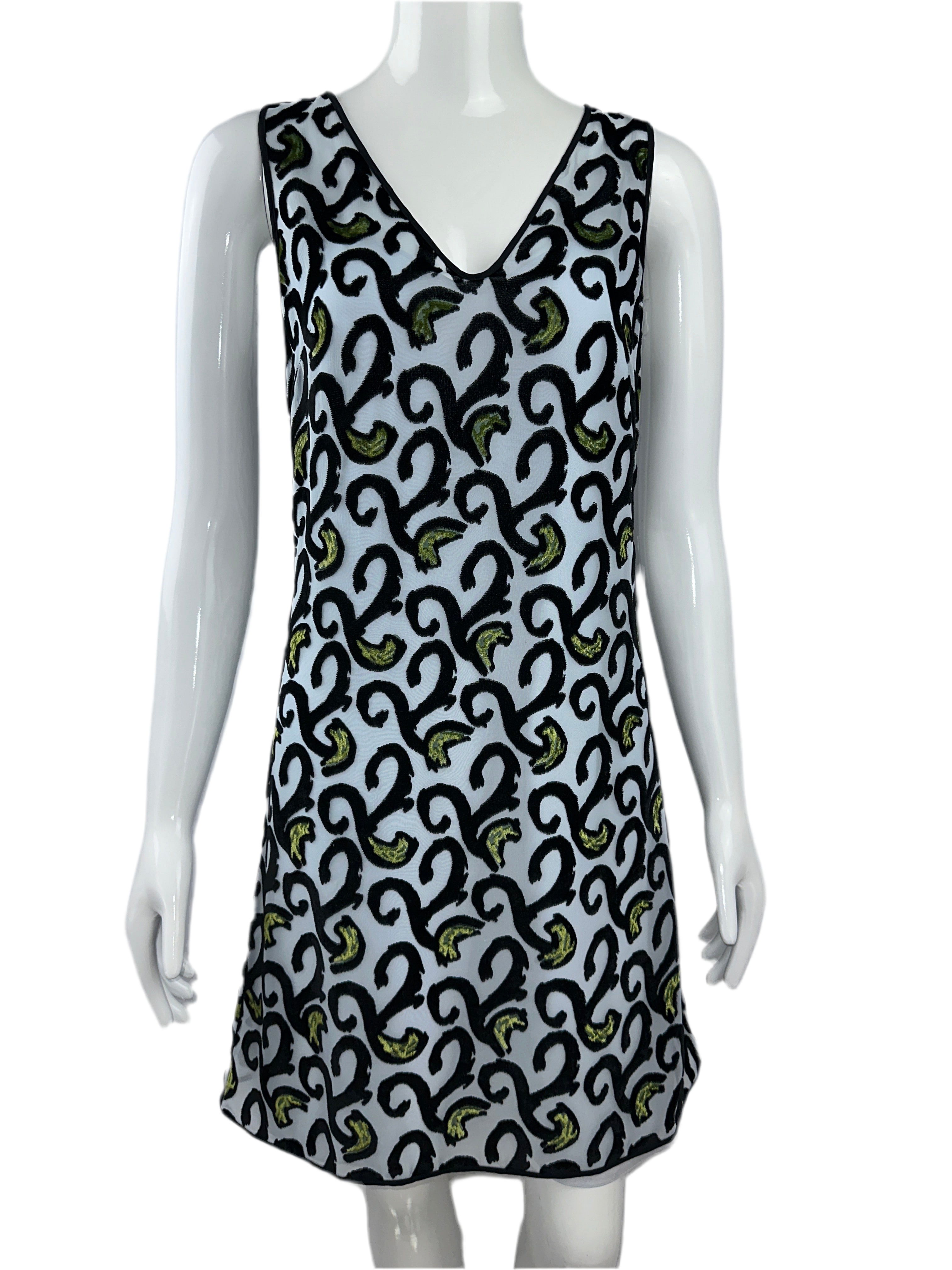 Dior blue sleeveless V-neck dress with black and green motifs - size 36