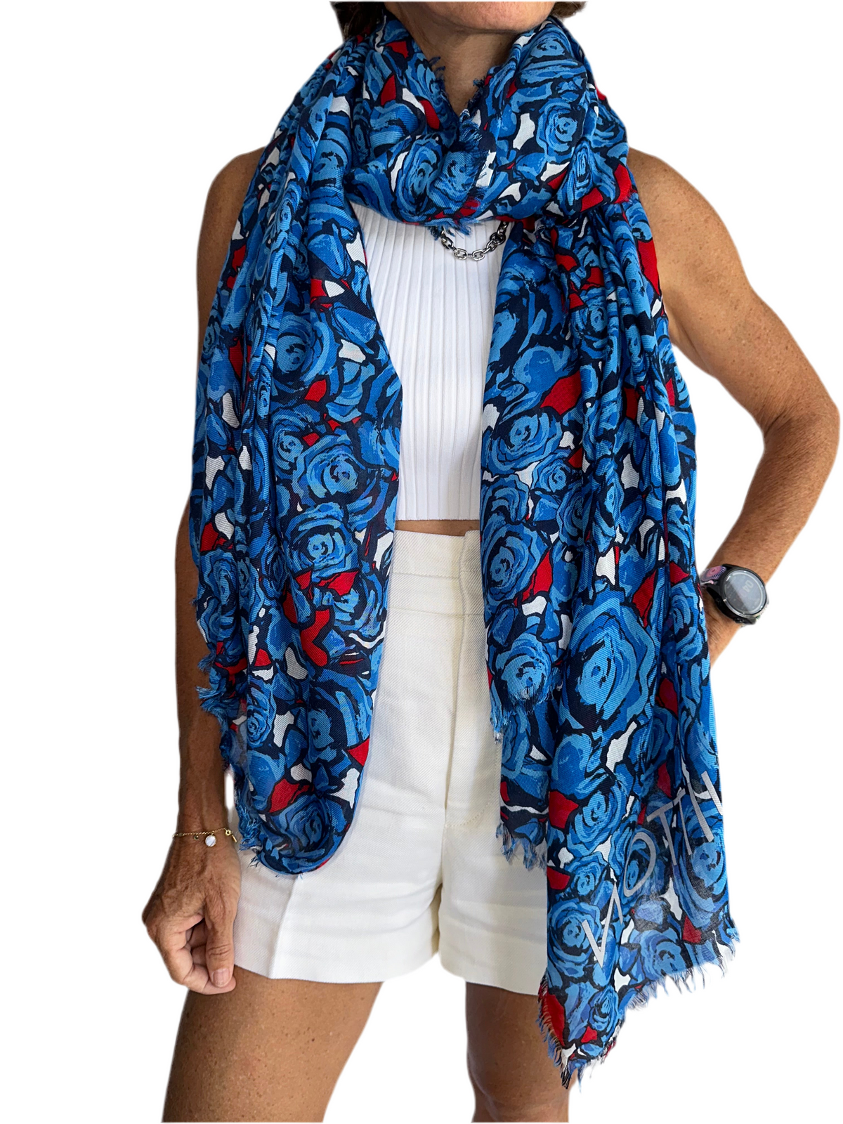 Louis Vuitton blue and red scarf with flowers