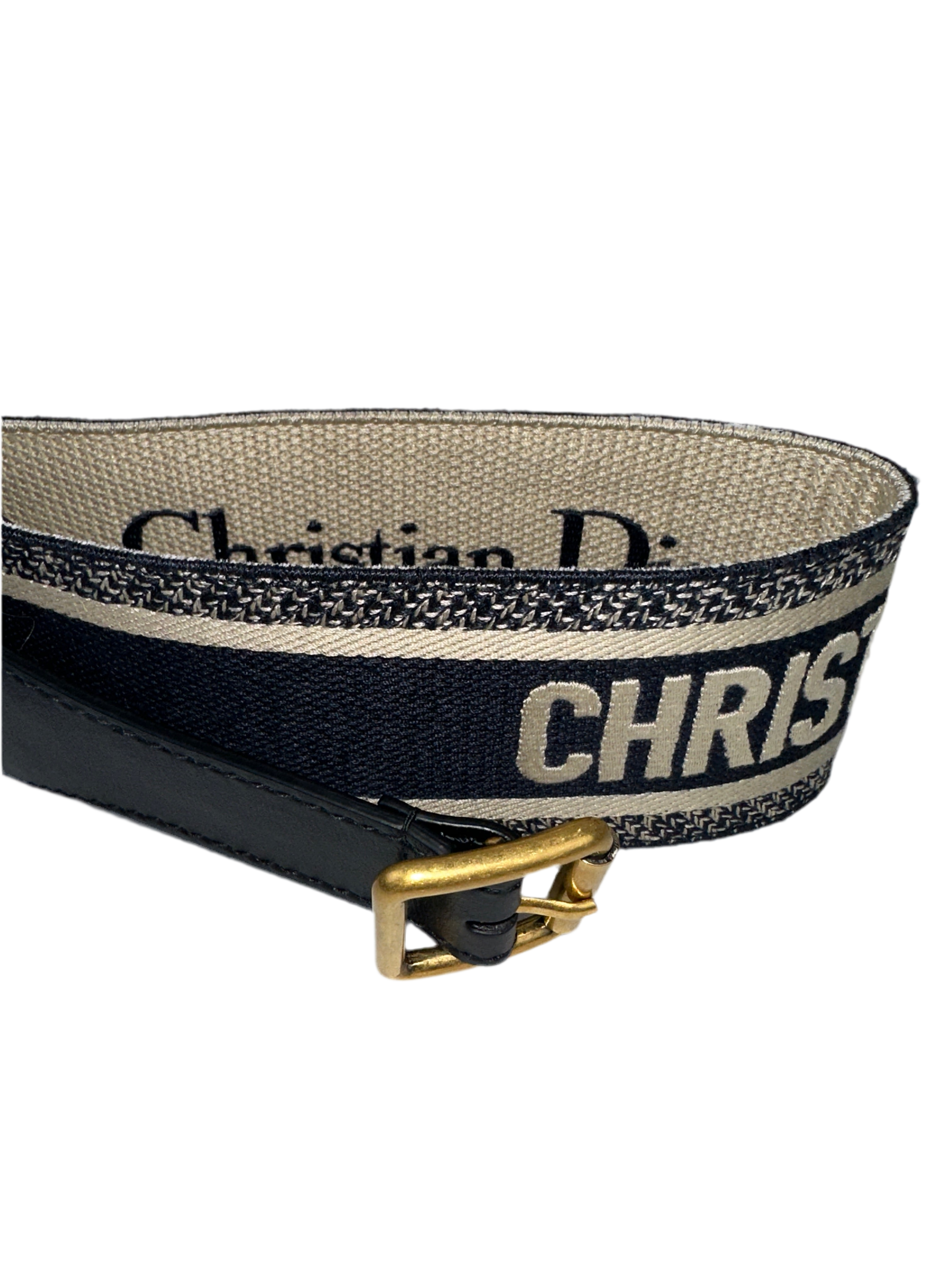 Dior blue/beige logo embroidered canvas and black leather Saddle belt small