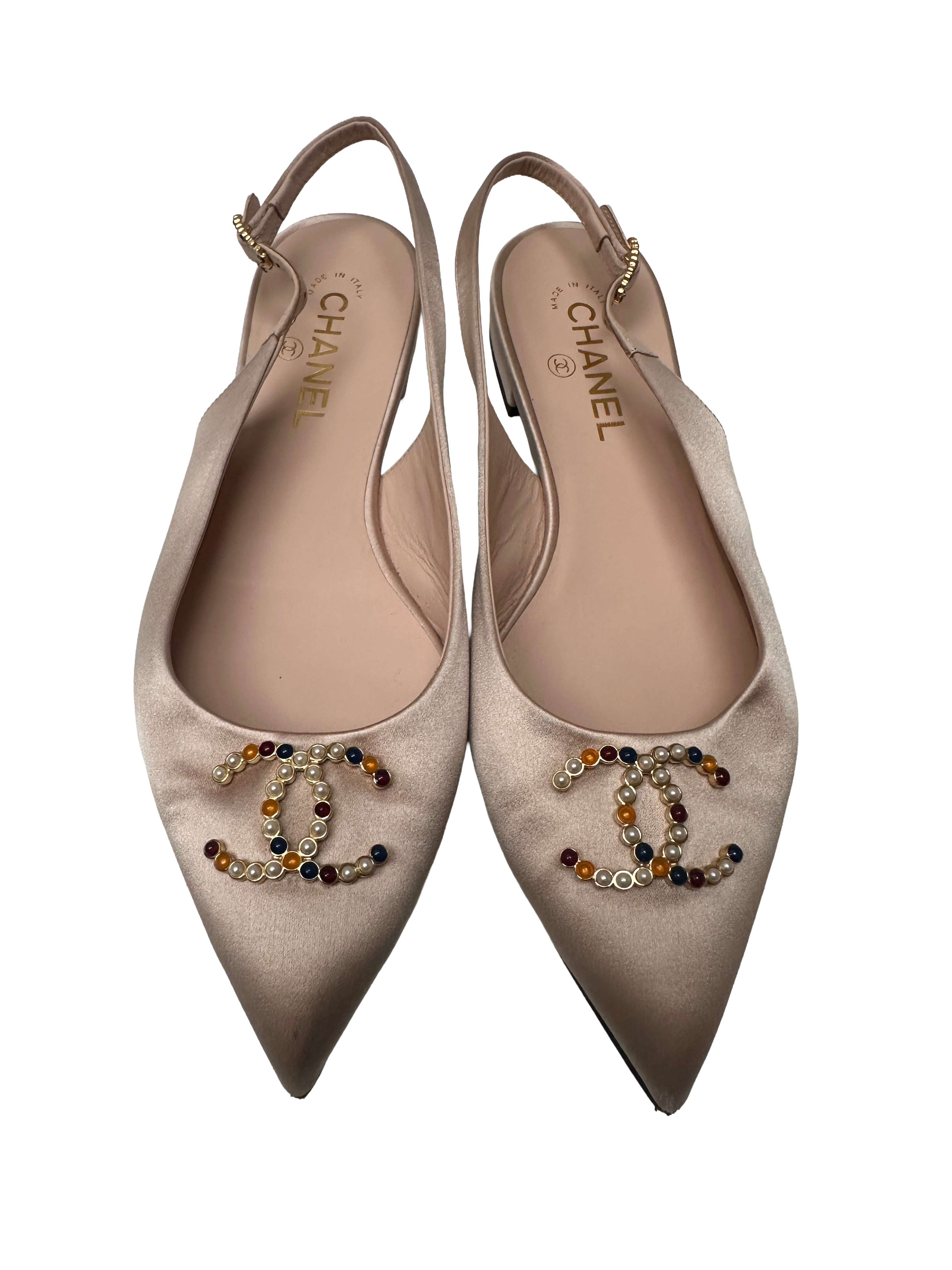 Chanel satin slingback flats pearl & multicolor CC embellishment - size 40