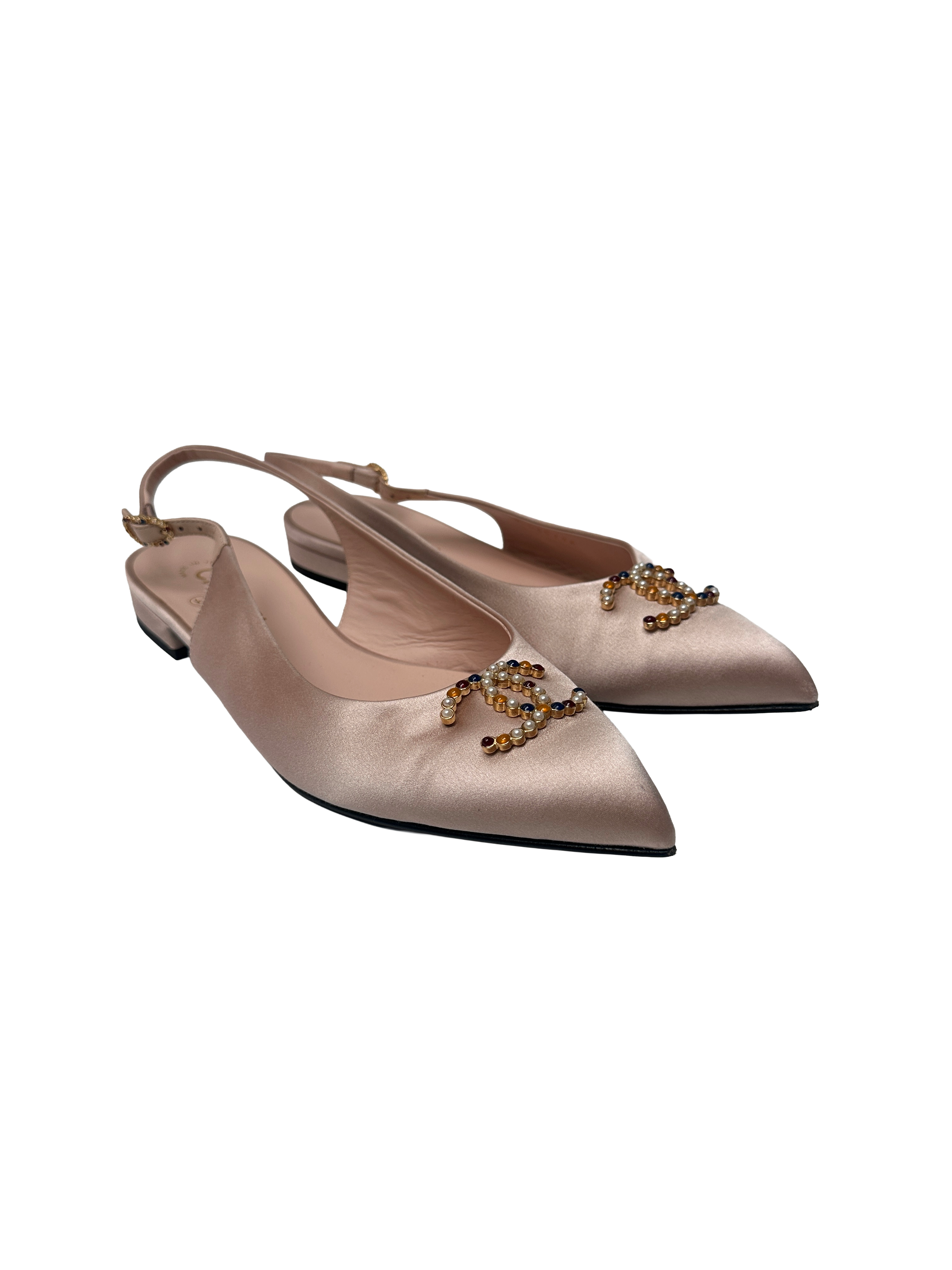 Chanel satin slingback flats pearl & multicolor CC embellishment - size 40