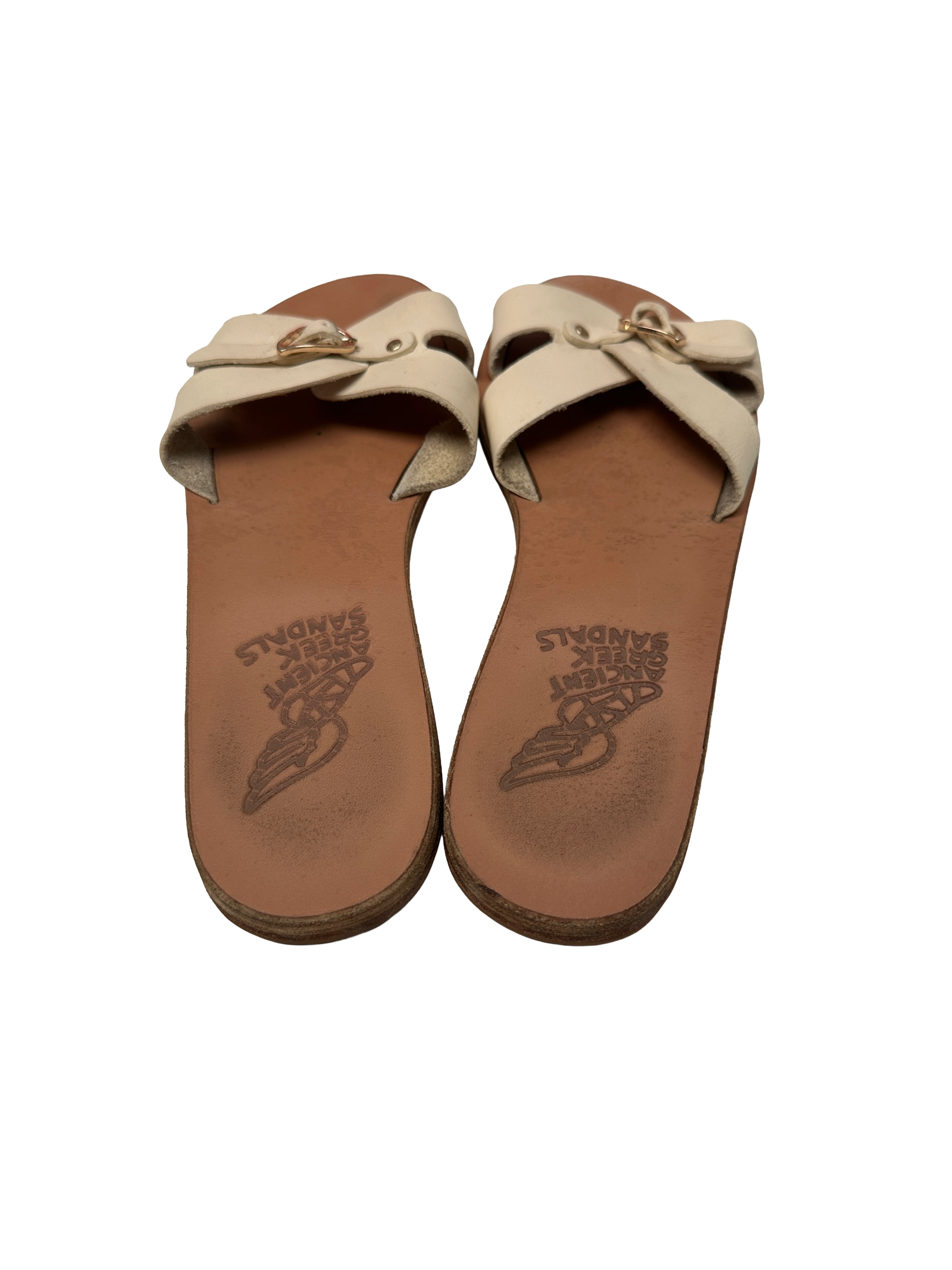 Ancient Greek Sandals beige leather buckle slides - size 38