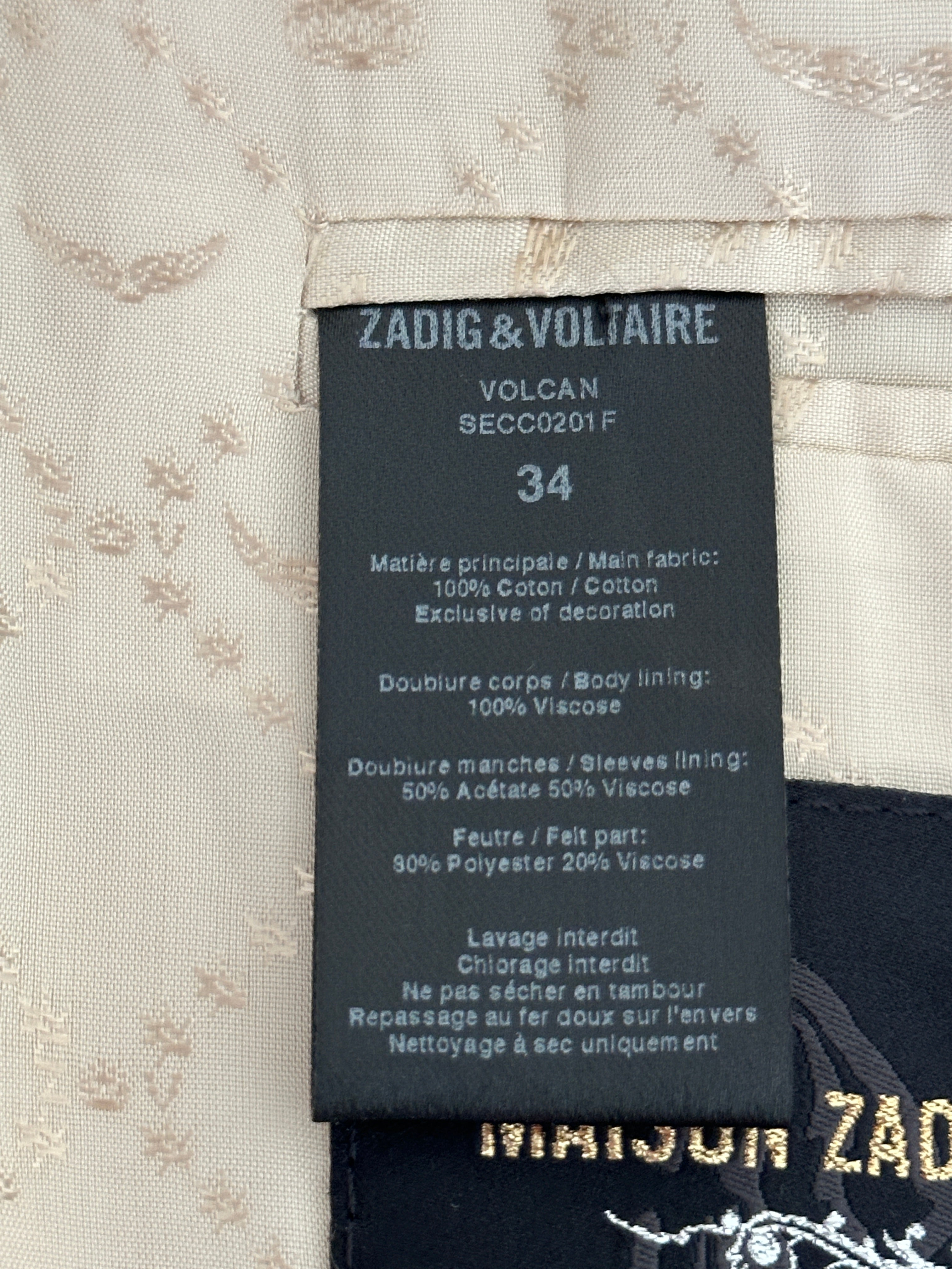 Zadig&Voltaire cream volcan jacket - size 34