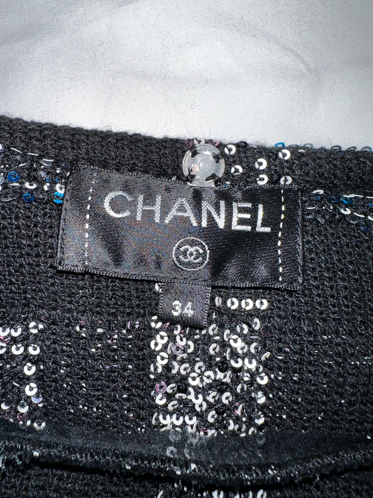 Chanel on black shirt with blue and pink white sequins - size 34