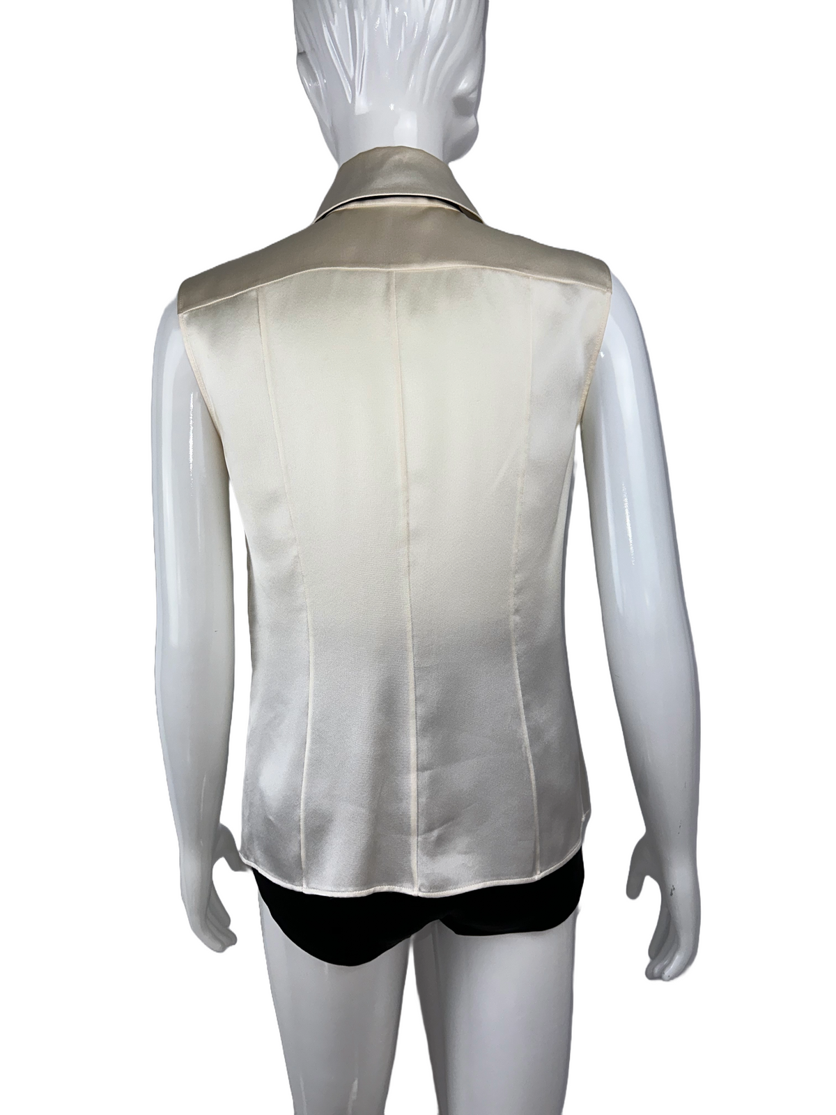 Chanel sleeveless silk blouse white with black tie - size 36 FR