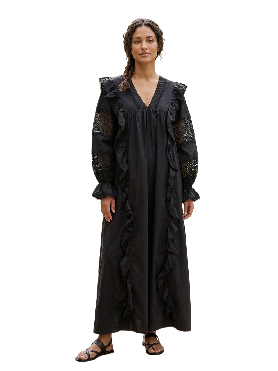 Lug Von Siga black ruffled cotton maxi dress - size 40