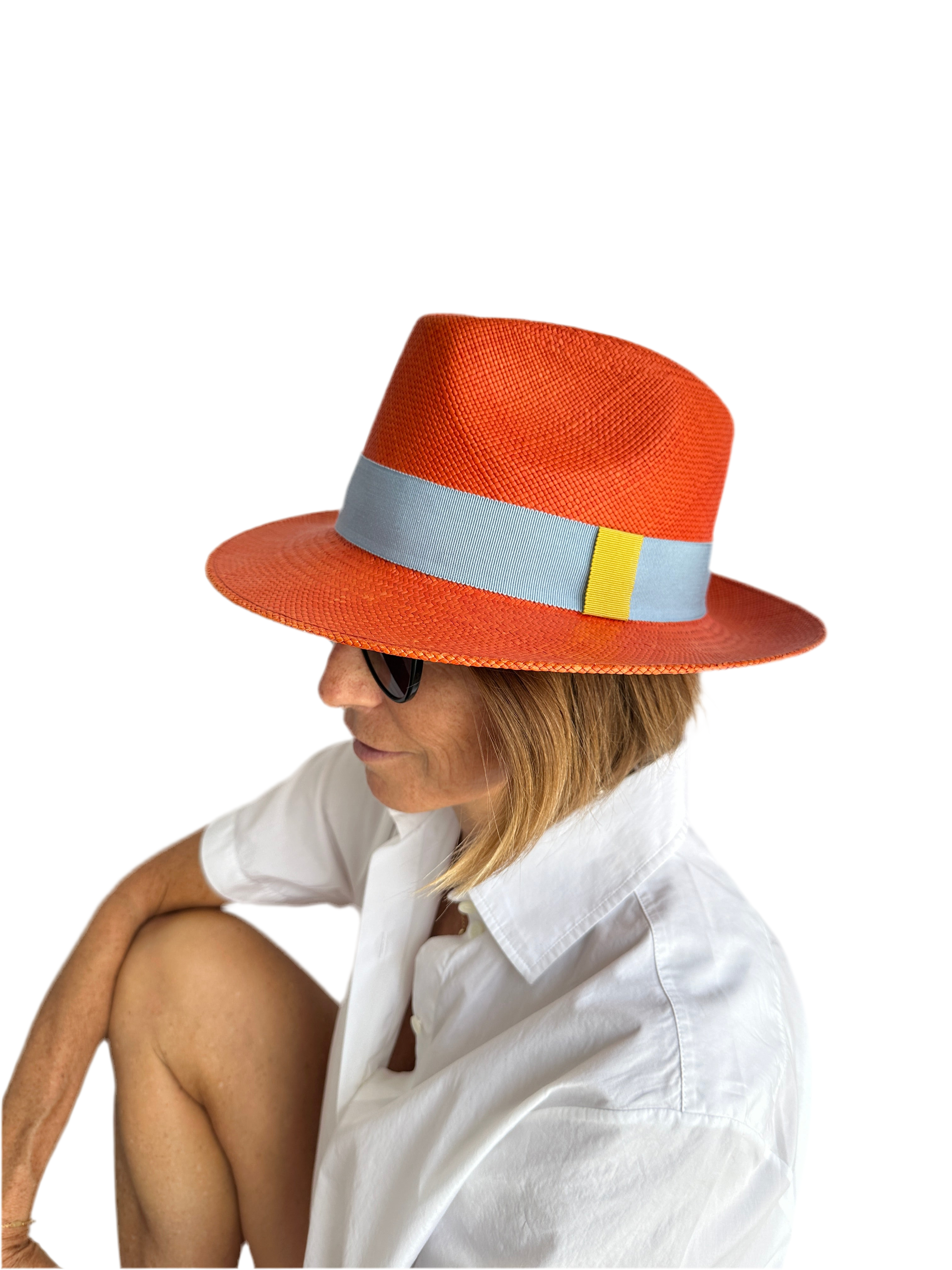 La cerise sur le chapeau orange panama with blue ribbon - size 58