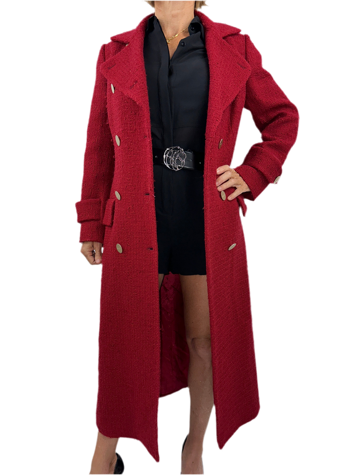 Salvatore Ferragamo long red coat with gold buttons and patch pocket - size 38