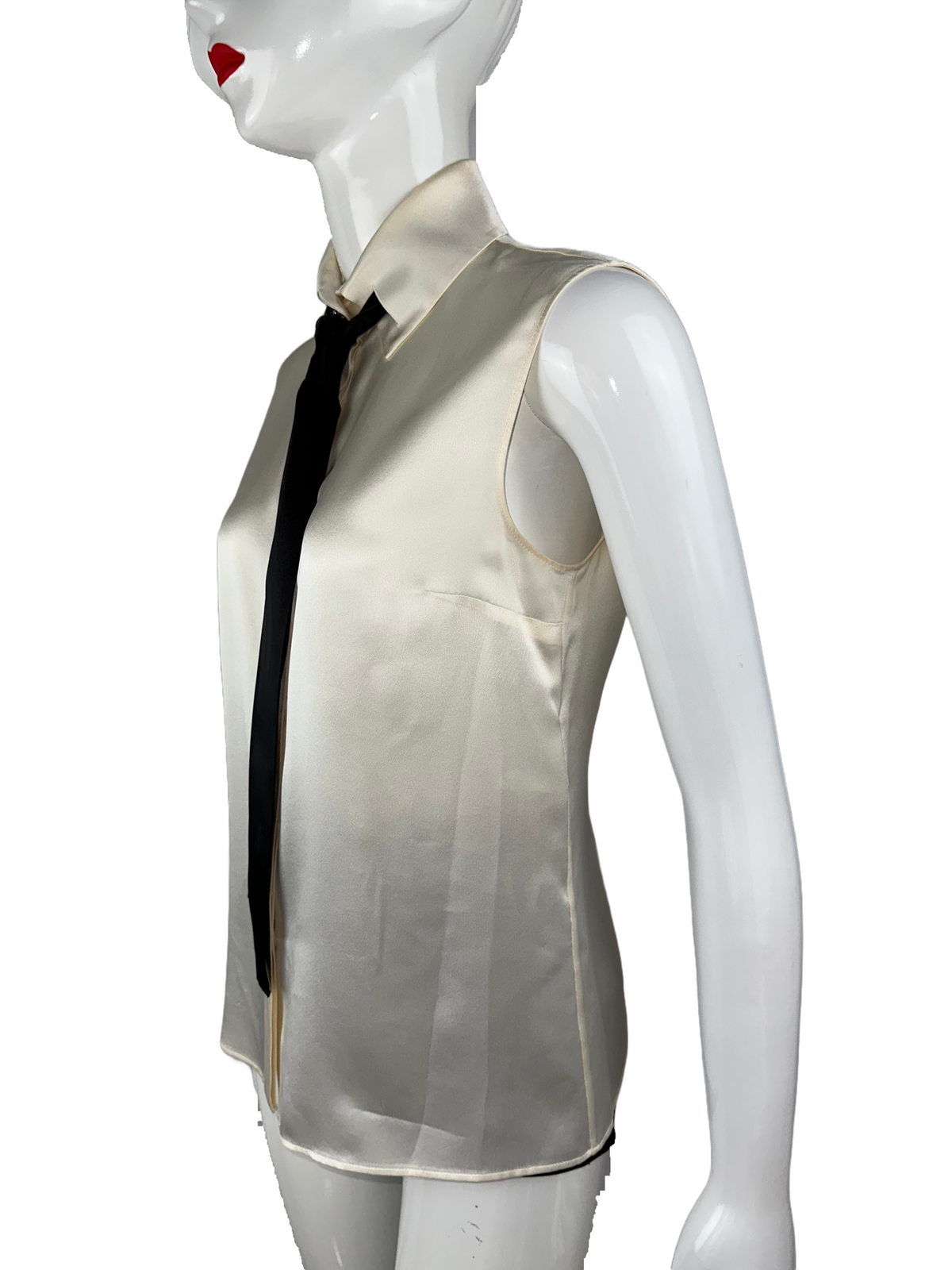 Chanel sleeveless silk blouse white with black tie - size 36 FR