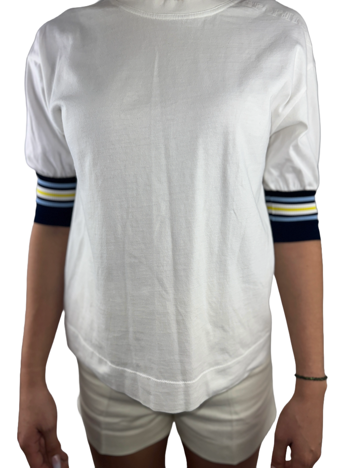 Sport Max White T-shirt with blue and yellow stripes on sleeves - size 40