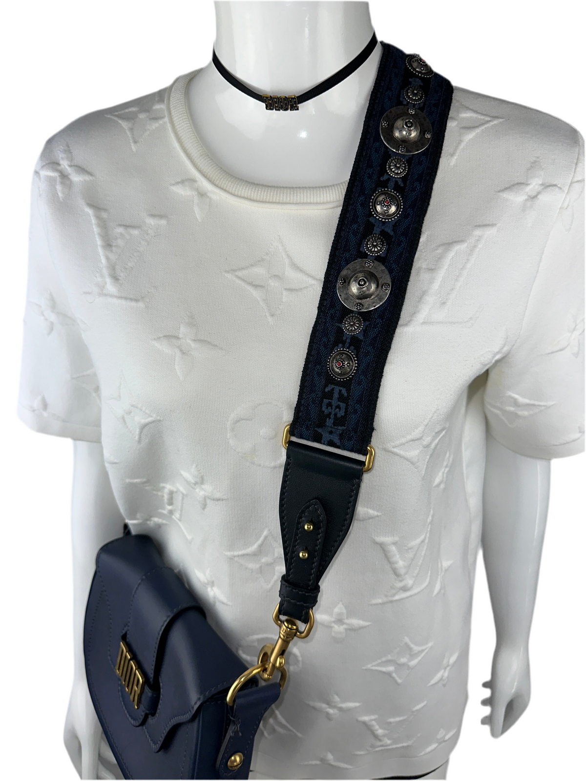 Dior shoulder strap embroidered leather/canvas/metal blue