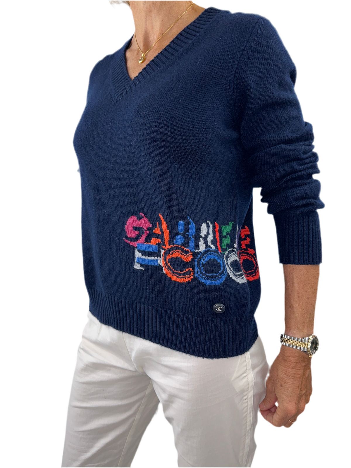 Chanel blue V-neck sweater with "Gabrielle coco" multicolor inscription - size 38