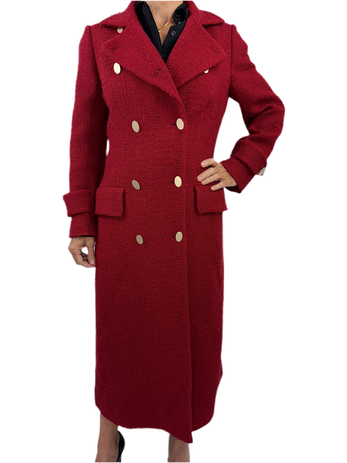 Salvatore Ferragamo long red coat with gold buttons and patch pocket - size 38