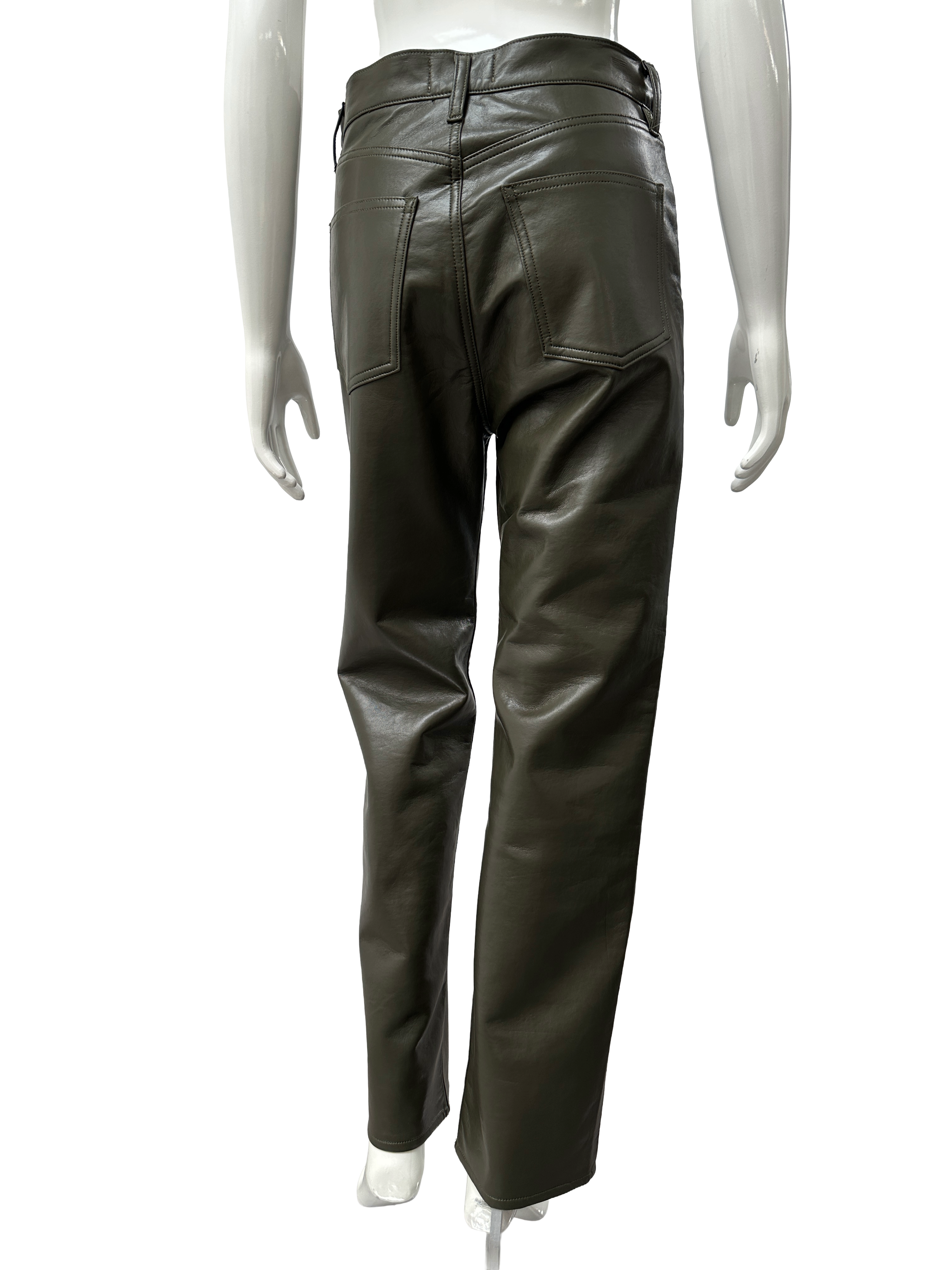 Agolde 90' pinch waist olive leather straight-leg pants - size 27