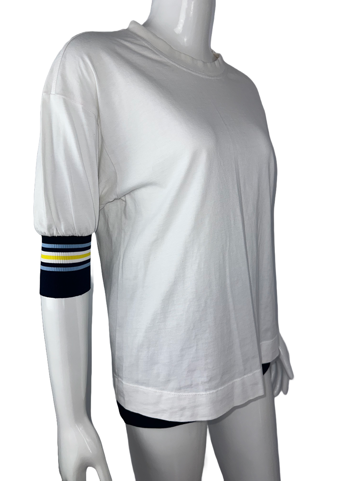 Sport Max White T-shirt with blue and yellow stripes on sleeves - size 40