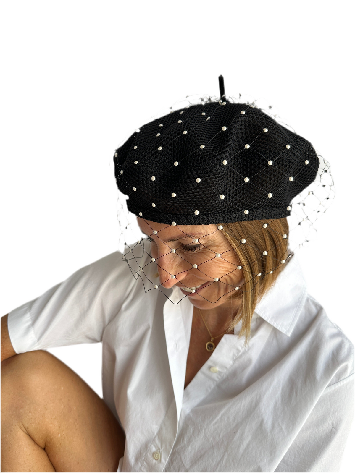 Dior black beret with veil embellished with pearl - size 57